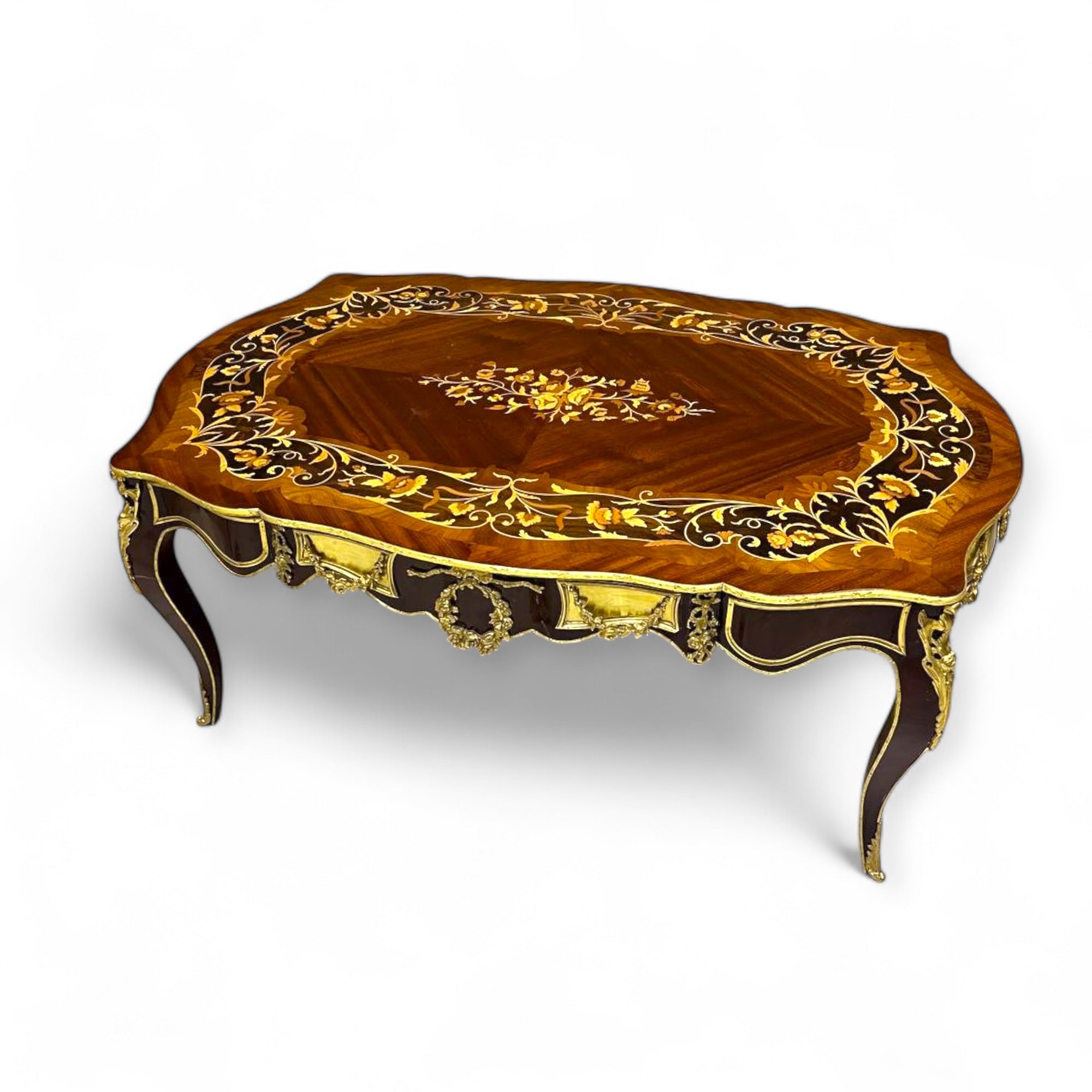 French style table set - marquetry and luxurious hand-carved brass
