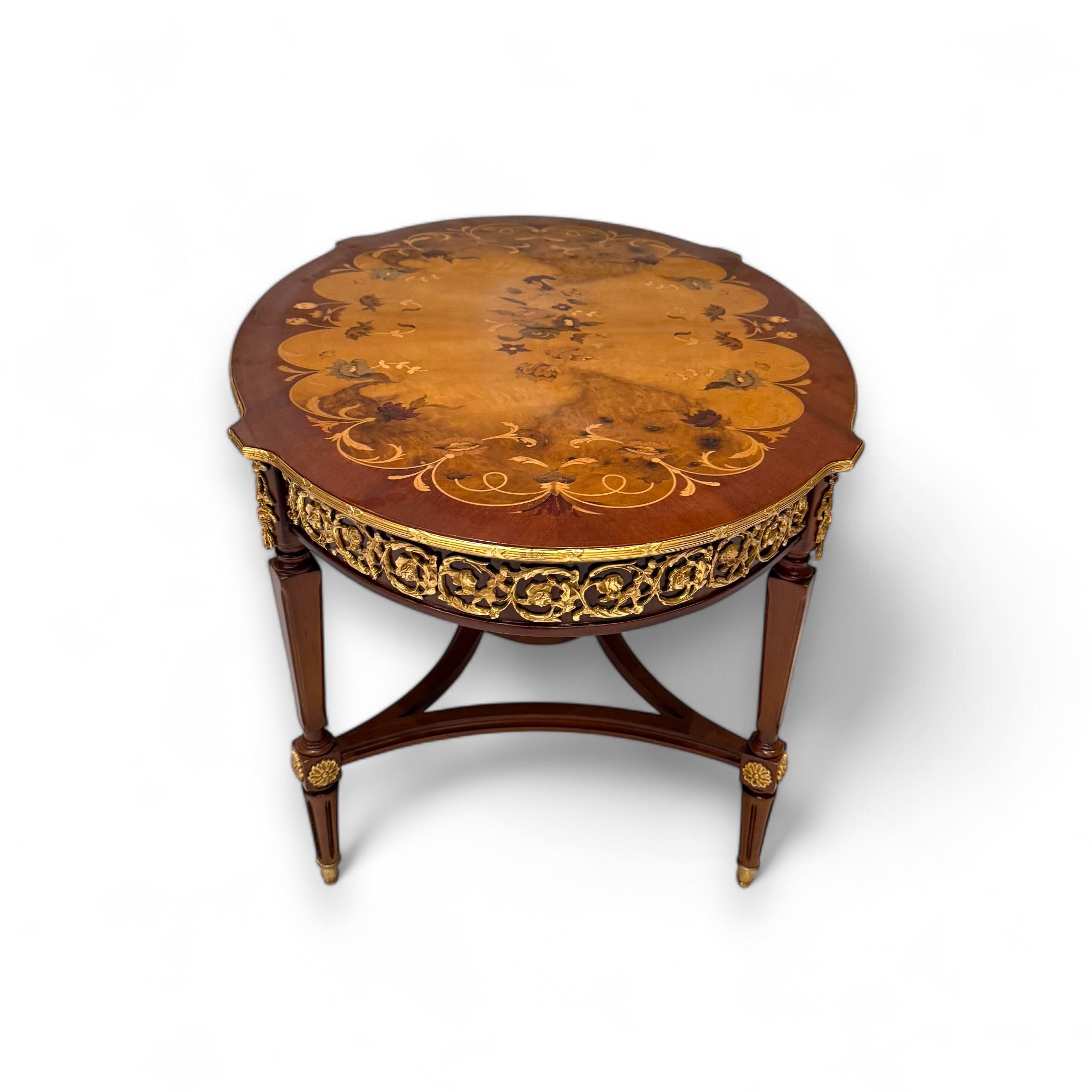 French Style Table Set - 3 Pieces Antique with Marquetry and Brass Inlay