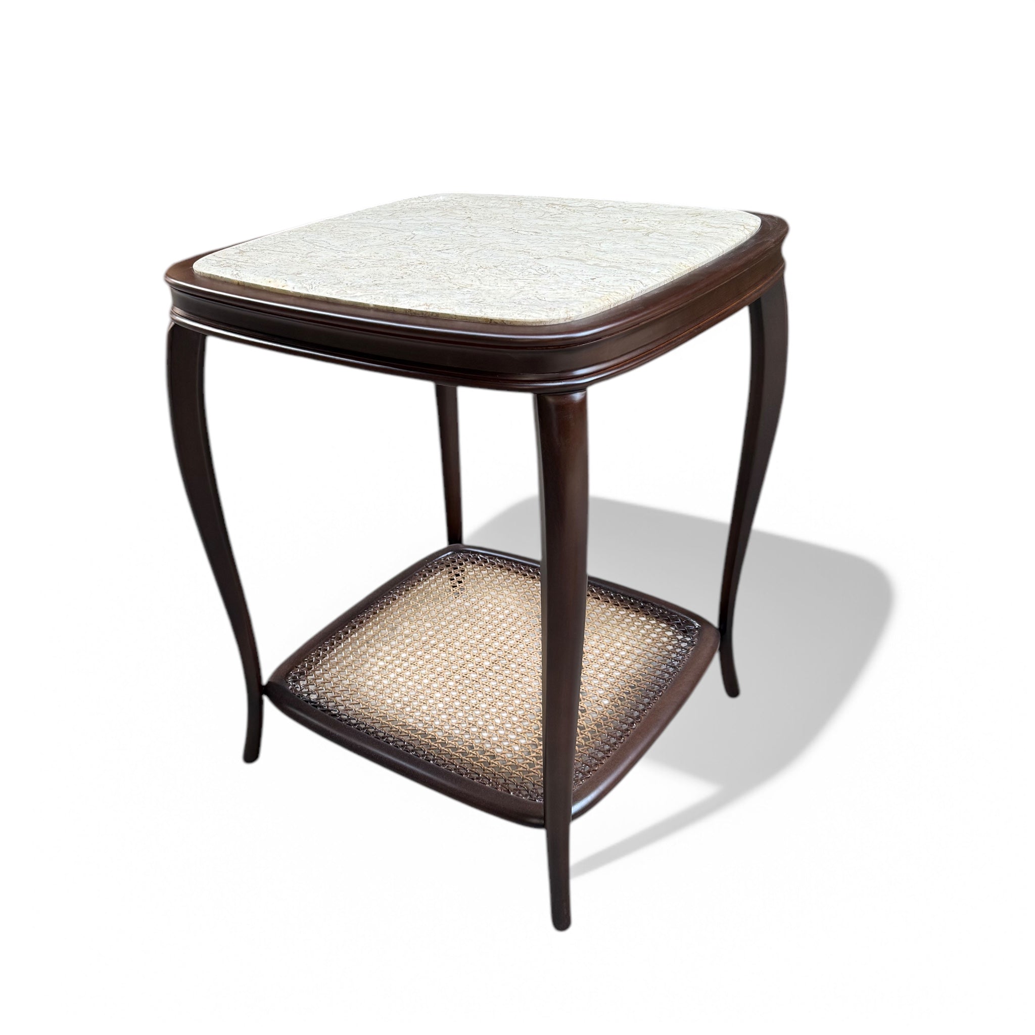 Brown side table inlaid with cane