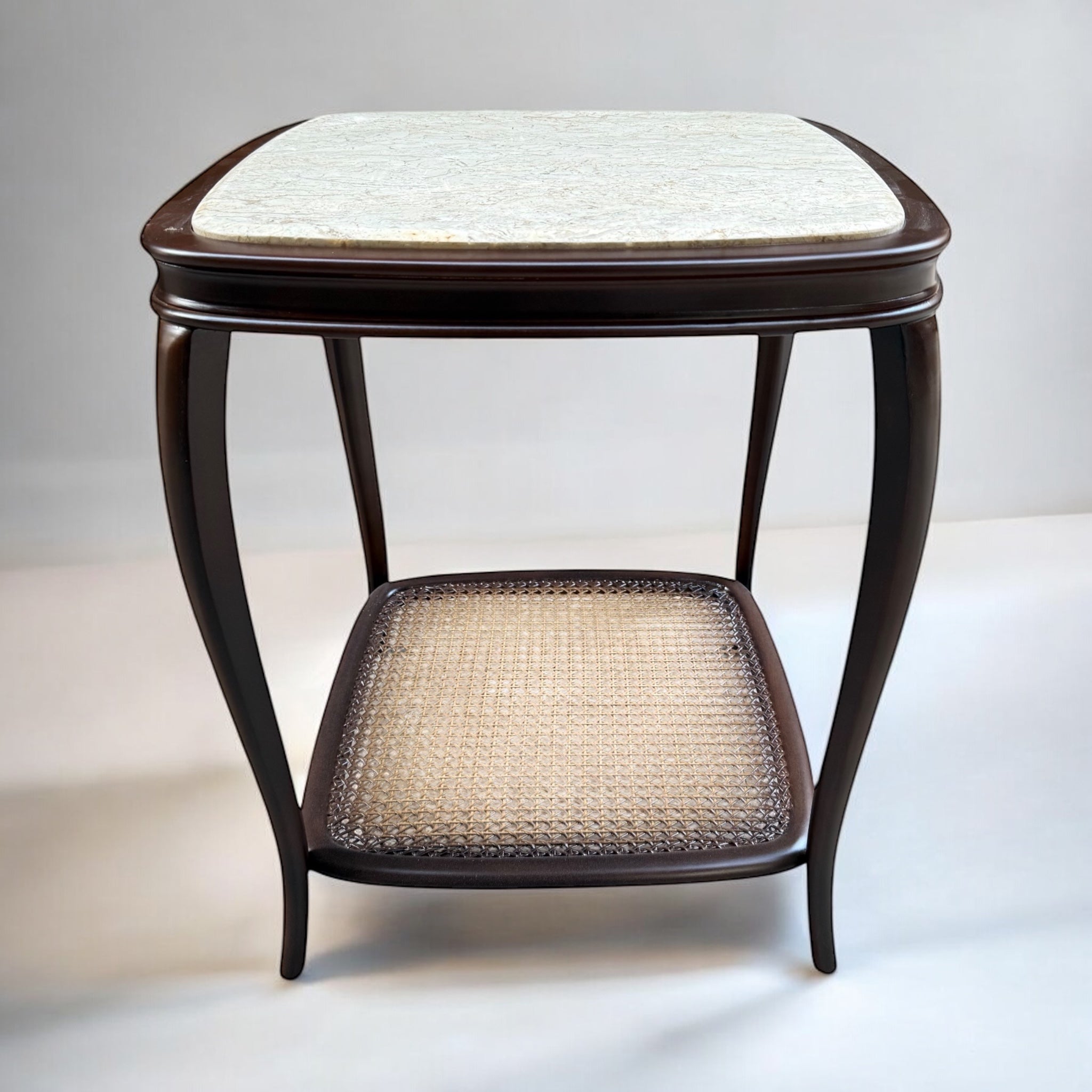 Brown side table inlaid with cane