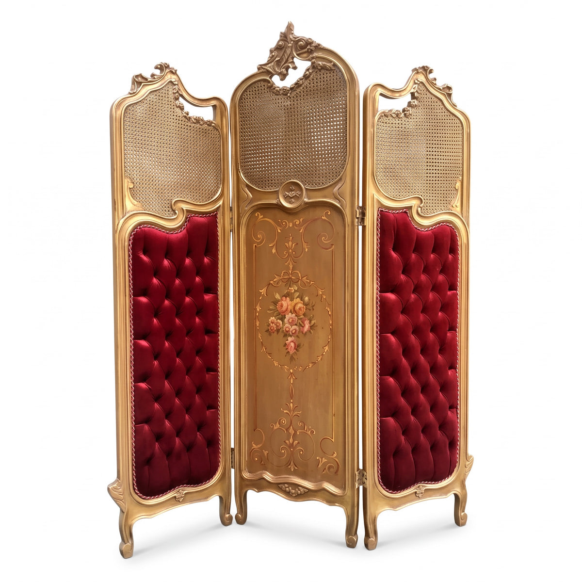 French paravan with velvet and natural cane upholstery