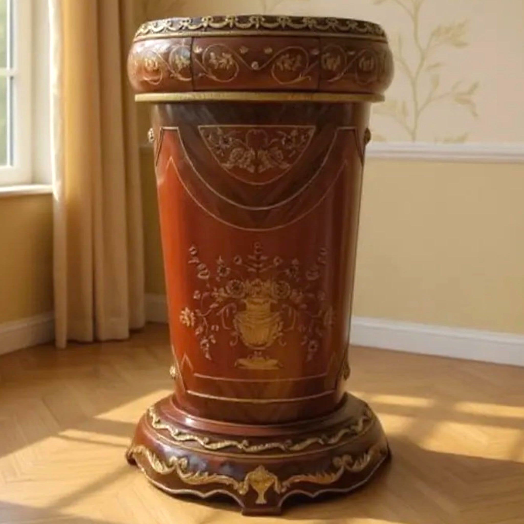 Wooden stand column inlaid with marble and copper