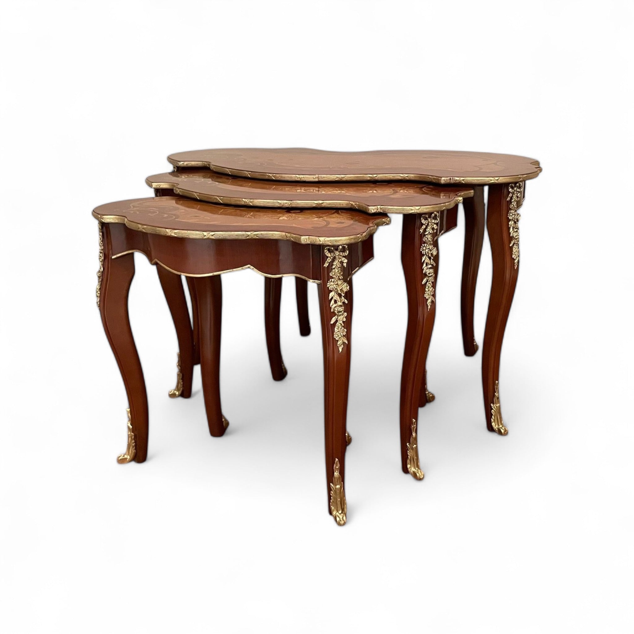 Rococo Table Set - 3 Pieces with Marquetry Inlay and Luxury Hand-Carved Brass