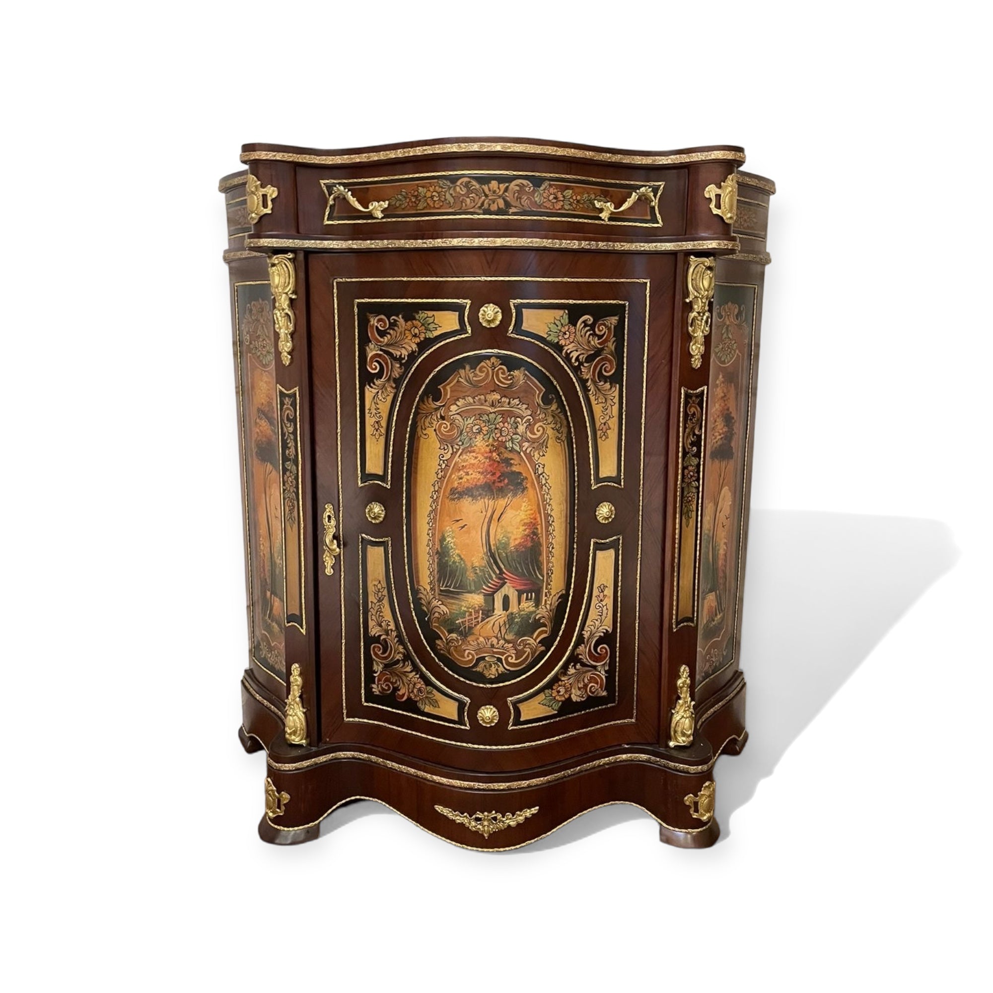 موبل فرنساوي جزامة مطعمة بالرسم والنحاس - بايوه لغرض الجزامة درج وضلفة يحتوي علي اربعة ارفف البايوه من الخشب الطبيعي ومطعم بالرسم و النحاس المشغول يدويا والرخام امبرادو المقاسات: W 110 CM * L 120 CM * B 45 CM