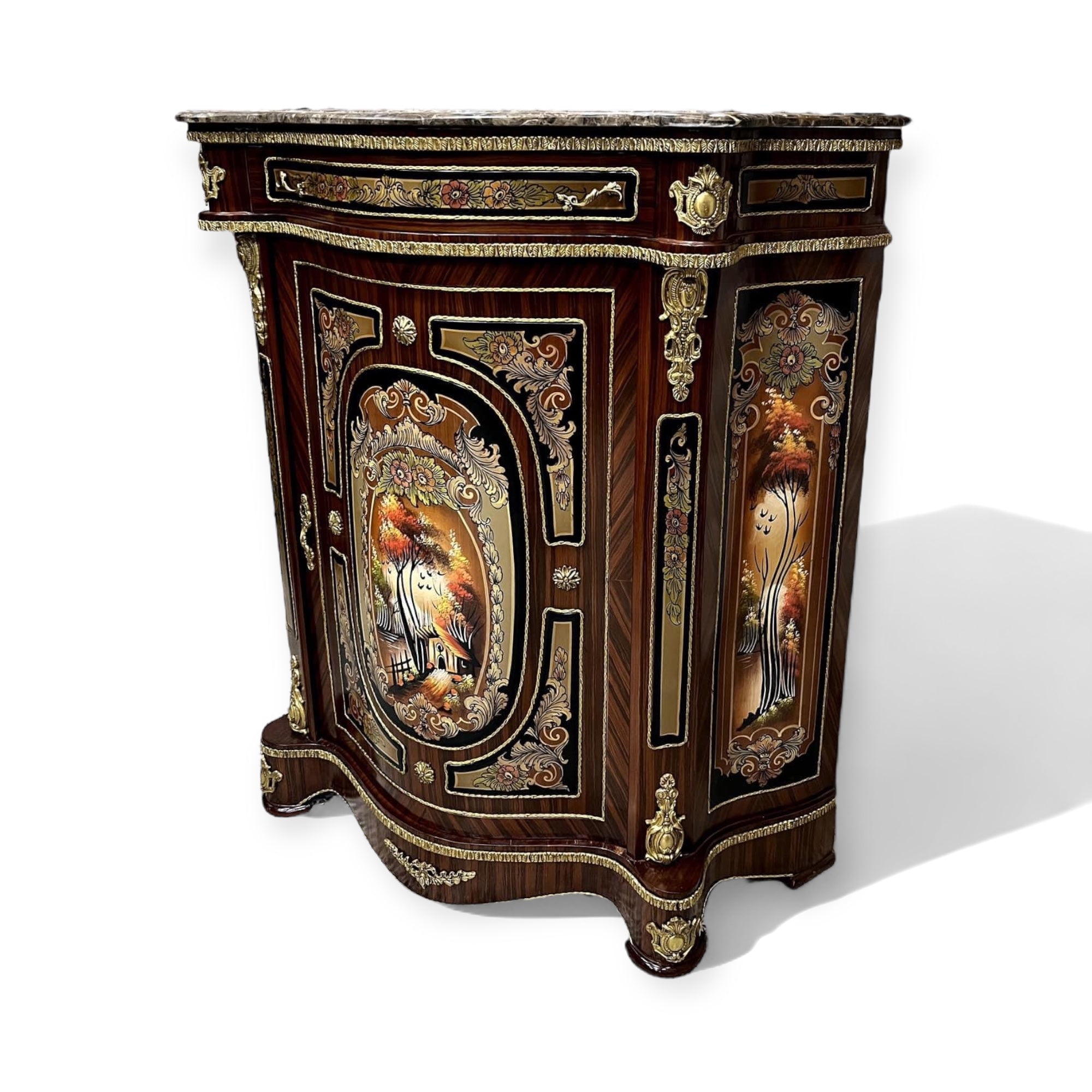 موبل فرنساوي جزامة مطعمة بالرسم والنحاس - بايوه لغرض الجزامة درج وضلفة يحتوي علي اربعة ارفف البايوه من الخشب الطبيعي ومطعم بالرسم و النحاس المشغول يدويا والرخام امبرادو المقاسات: W 110 CM * L 120 CM * B 45 CM