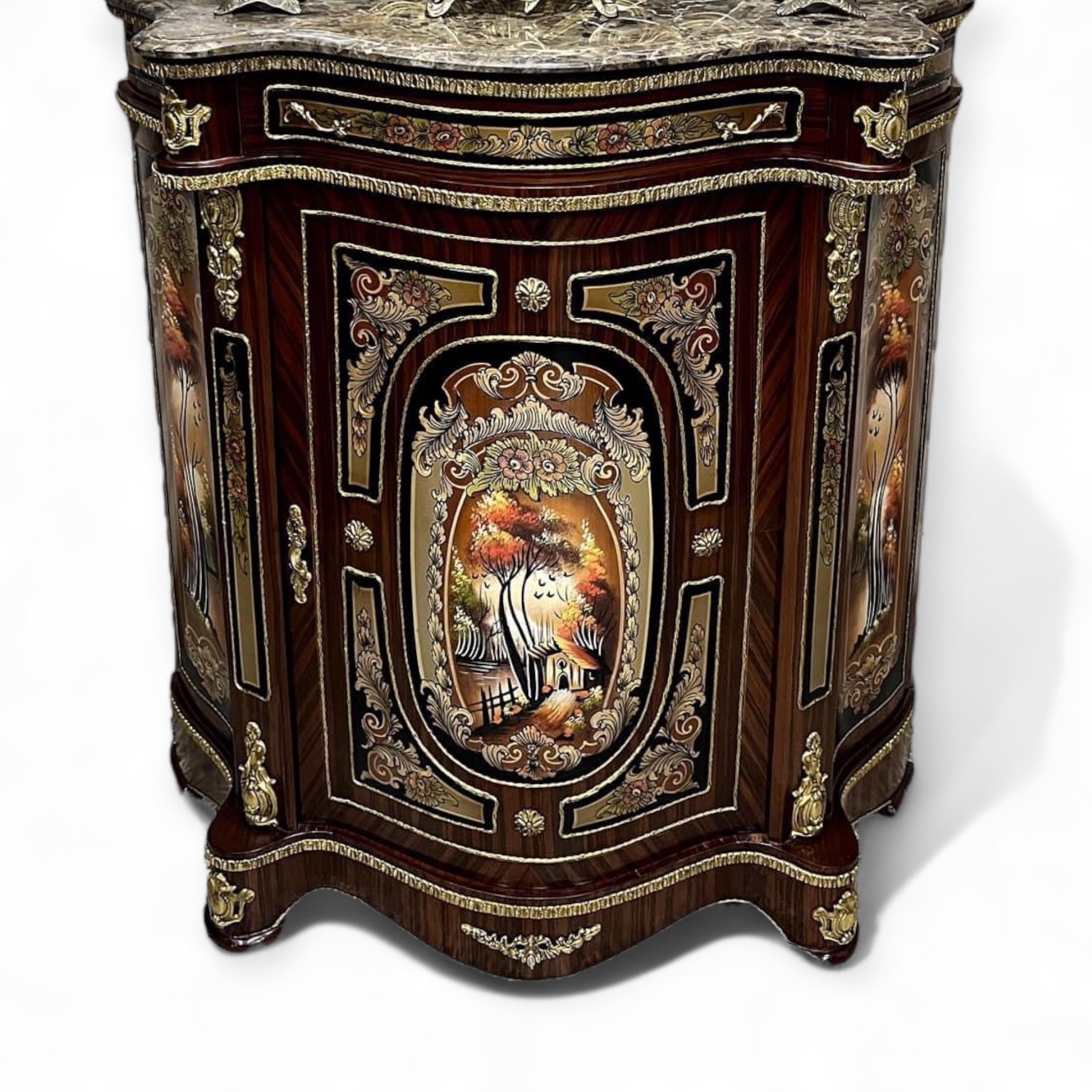 موبل فرنساوي جزامة مطعمة بالرسم والنحاس - بايوه لغرض الجزامة درج وضلفة يحتوي علي اربعة ارفف البايوه من الخشب الطبيعي ومطعم بالرسم و النحاس المشغول يدويا والرخام امبرادو المقاسات: W 110 CM * L 120 CM * B 45 CM