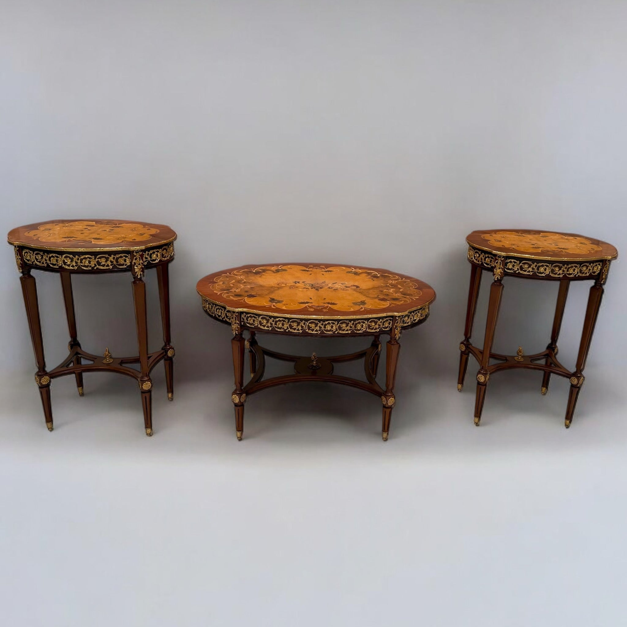 French Style Table Set - 3 Pieces Antique with Marquetry and Brass Inlay