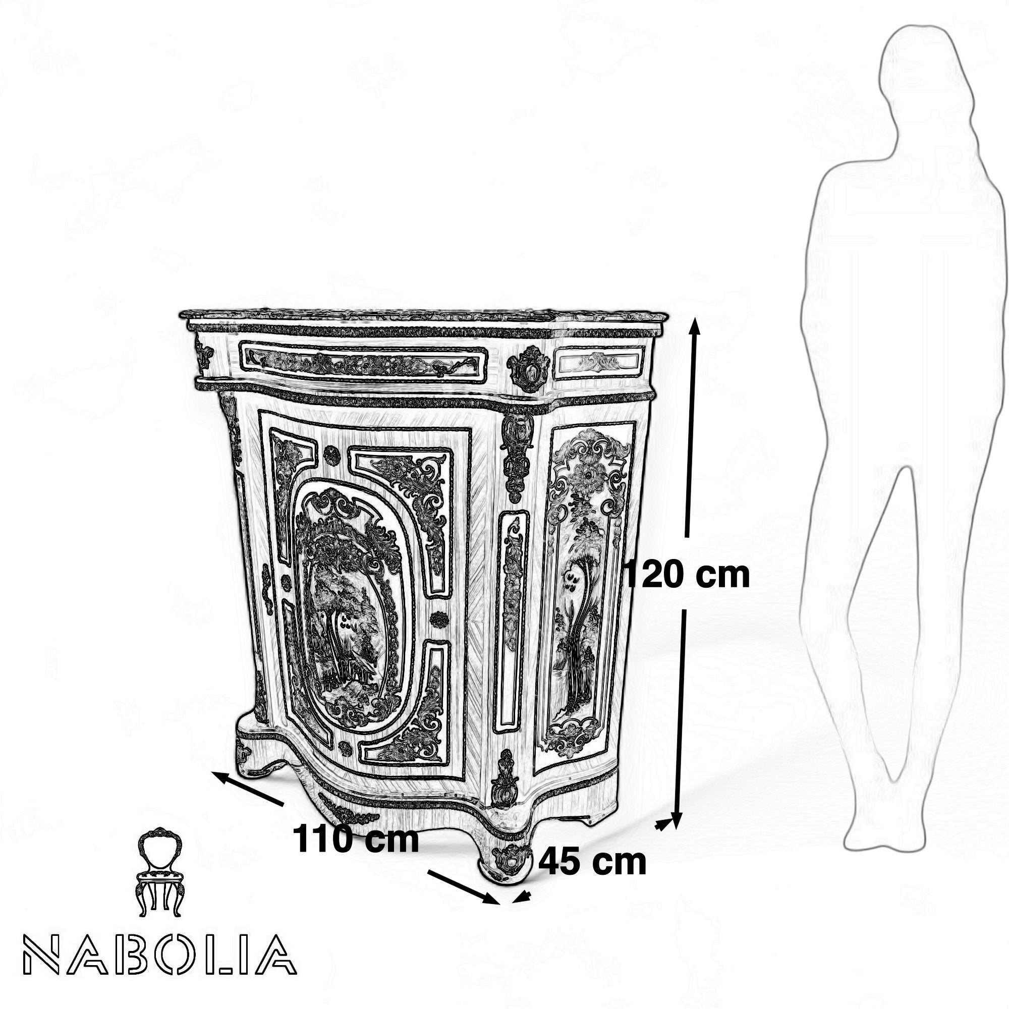 موبل فرنساوي جزامة مطعمة بالرسم والنحاس - بايوه لغرض الجزامة درج وضلفة يحتوي علي اربعة ارفف البايوه من الخشب الطبيعي ومطعم بالرسم و النحاس المشغول يدويا والرخام امبرادو المقاسات: W 110 CM * L 120 CM * B 45 CM