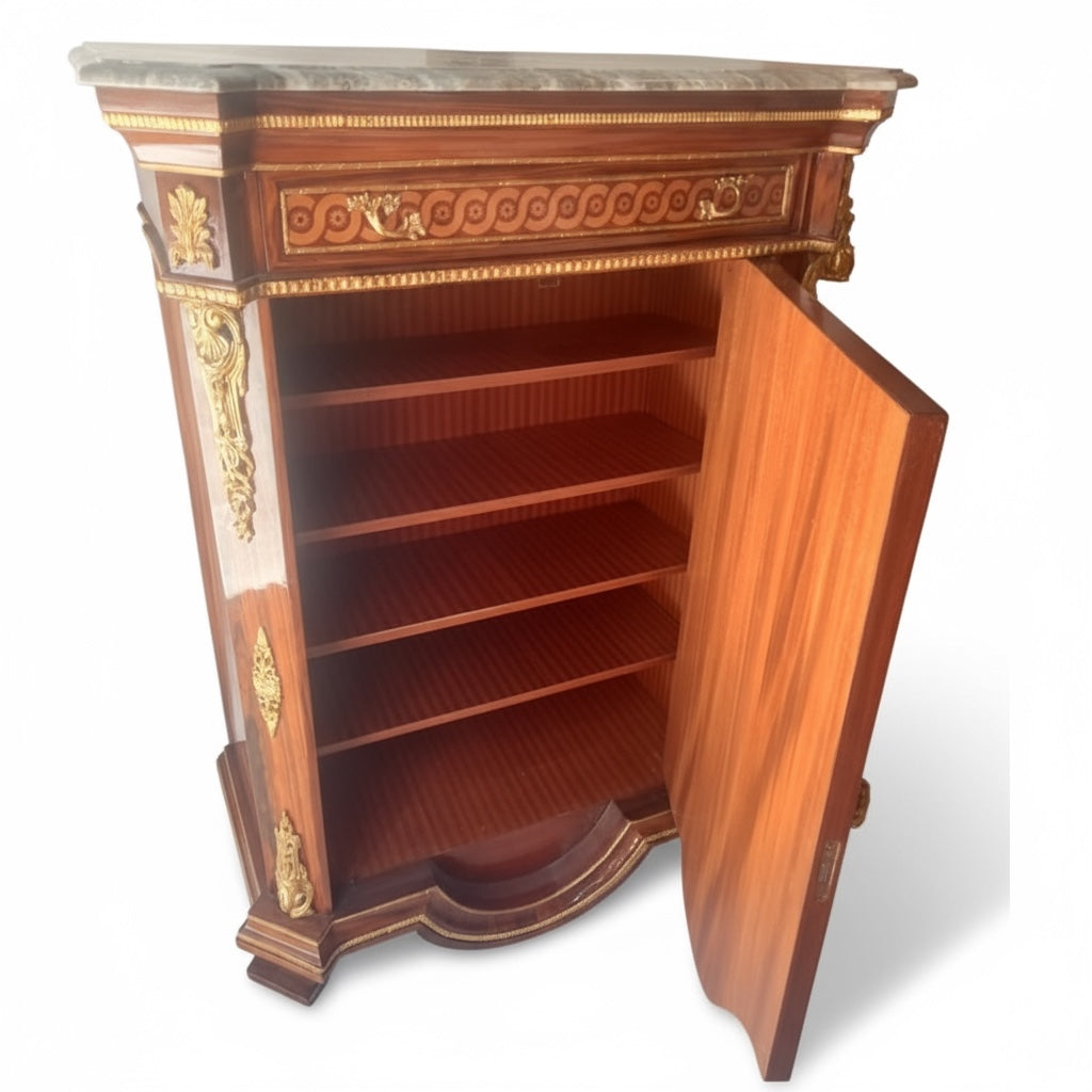 جزامة أنتيك خشب زان مطعمة بالنحاس بسطح رخامي