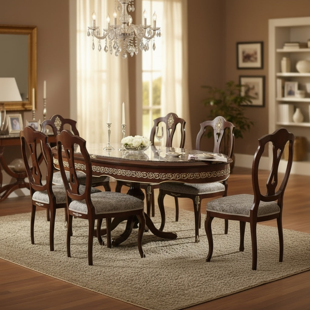 سفرة كلاسيك بيضاوية6 كراسي بتطعيم نحاس ورخام - Nabolia