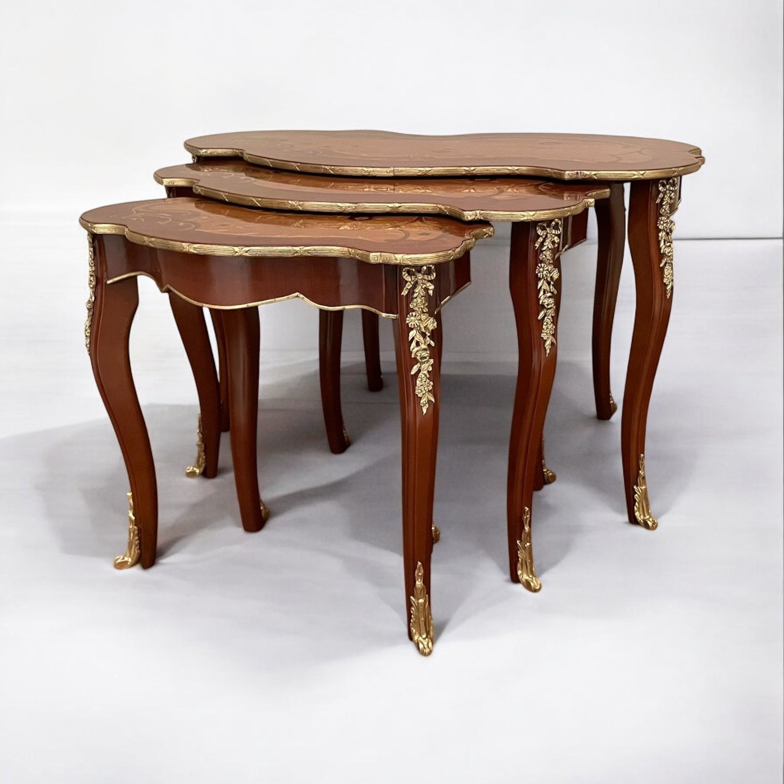 Rococo Table Set - 3 Pieces with Marquetry Inlay and Luxury Hand-Carved Brass