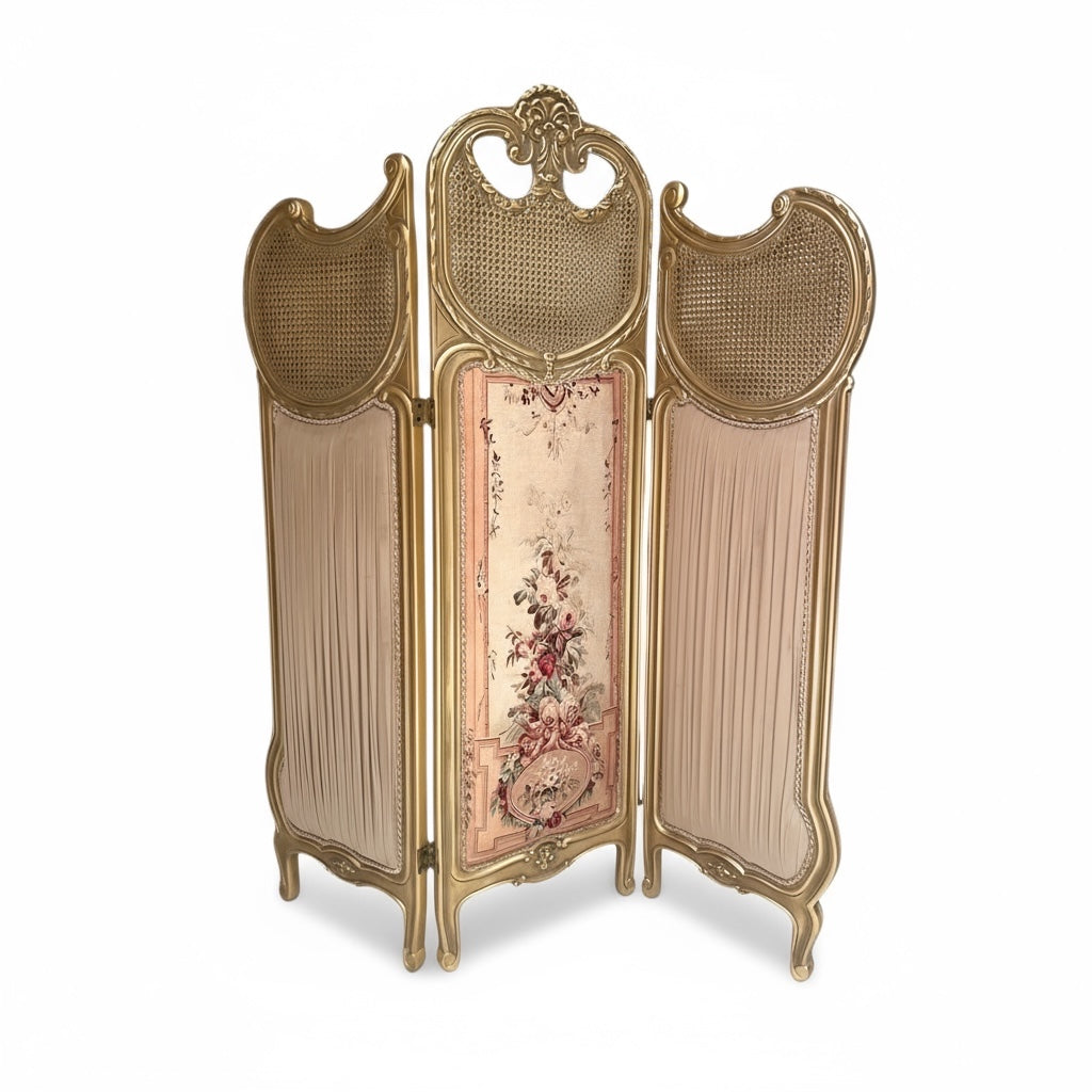 French pleated curtain with printed fabric and antique gold finish