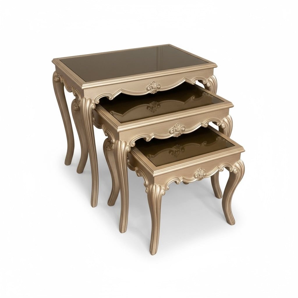 طقم ترابيزات ثلاثي بقرصة زجاج فاميه – تشطيب شامبين فاخر