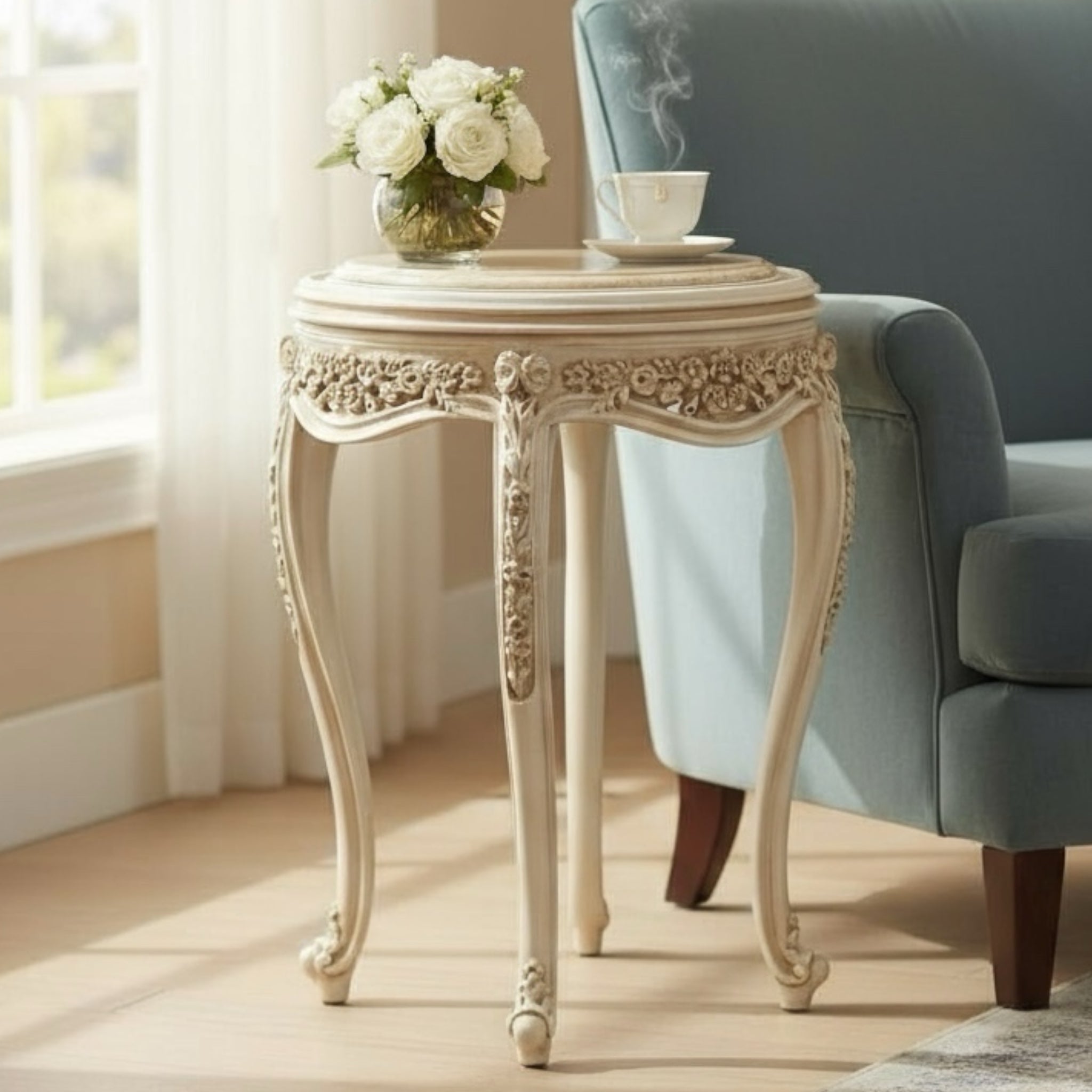 ترابيزة كورنر كلاسيك بلمسة أوف وايت مترب – بقرصة رخام طبيعية