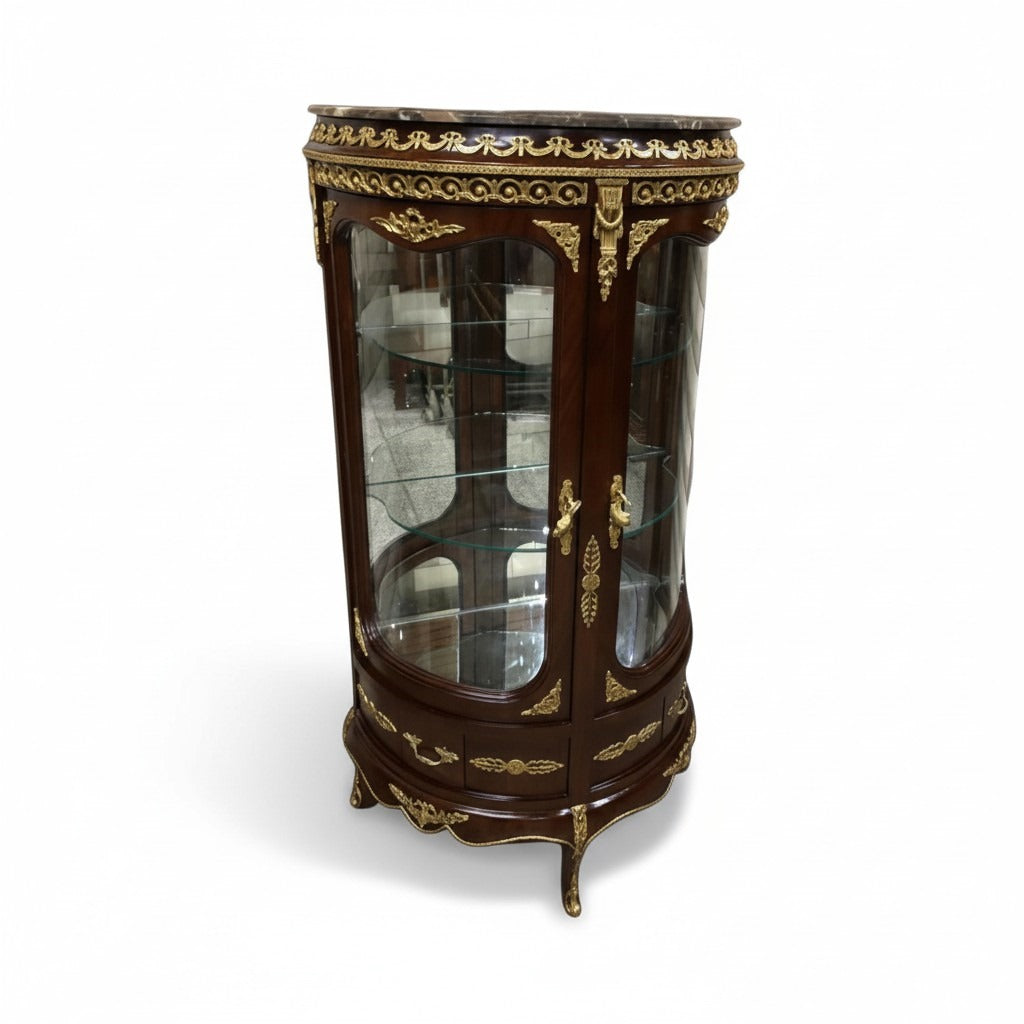 فاترينة نصف دائرية خشب طبيعي بتطعيم نحاس