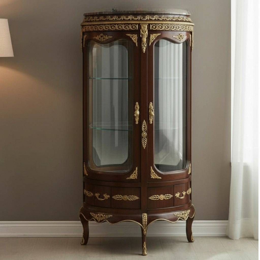 فاترينة نصف دائرية خشب طبيعي بتطعيم نحاس