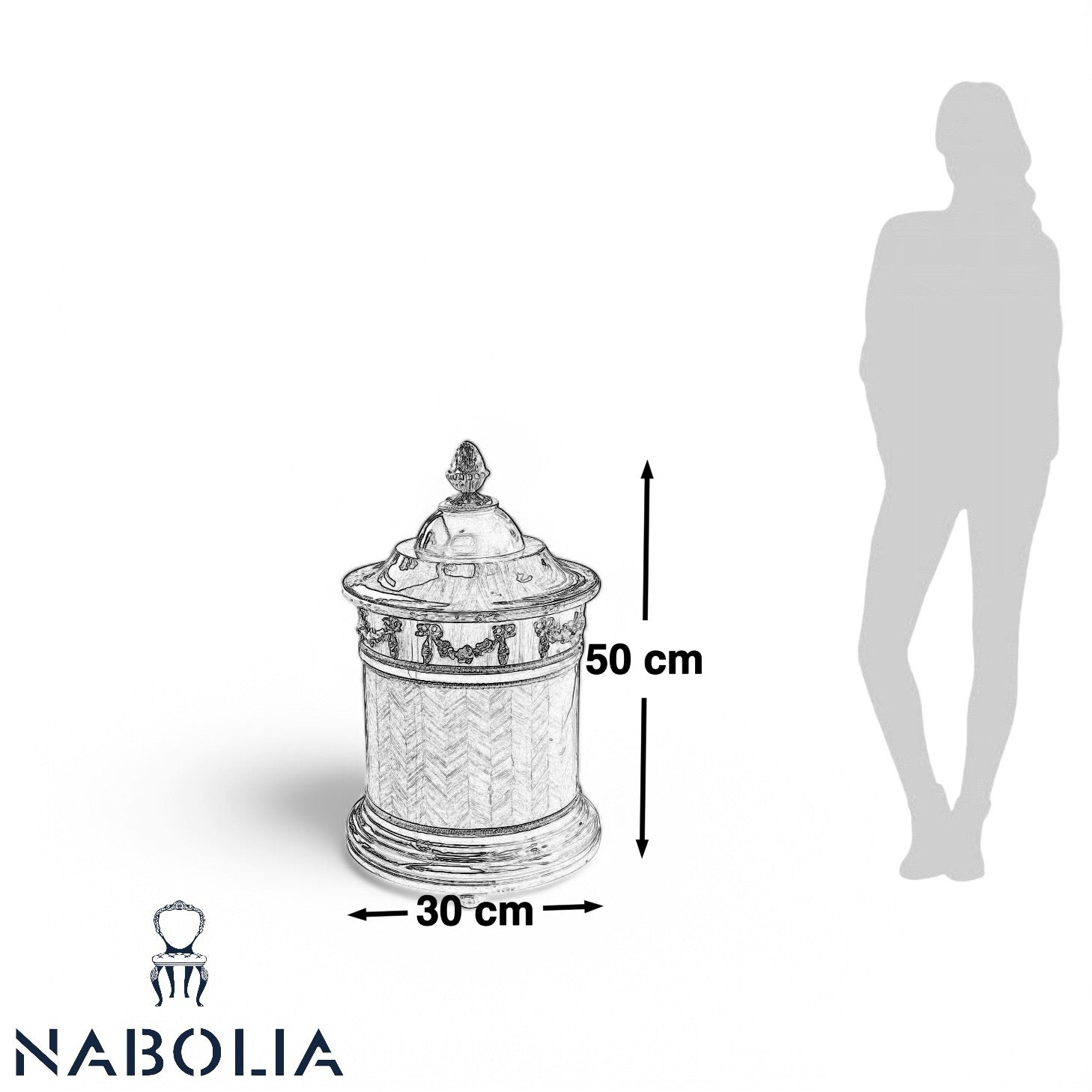 سلّة مهملات كلاسيكية فاخرة بتصميم خشبي وزخارف نحاسية - سلّة مهملات بتصميم كلاسيكي راقٍ مصنوعة من الخشب الطبيعي، مزودة بزخارف نحاسية ذهبية تضفي لمسة من الفخامة. تتميز بغطاء علوي مزخرف وأنيق، مما يجعلها مثالية للاستخدام في المكاتب، الصالونات، أو الغرف الكلاسيكية حيث تجمع بين العملية والجمال. الارتفاع: 50 سم القطر: 30 سم