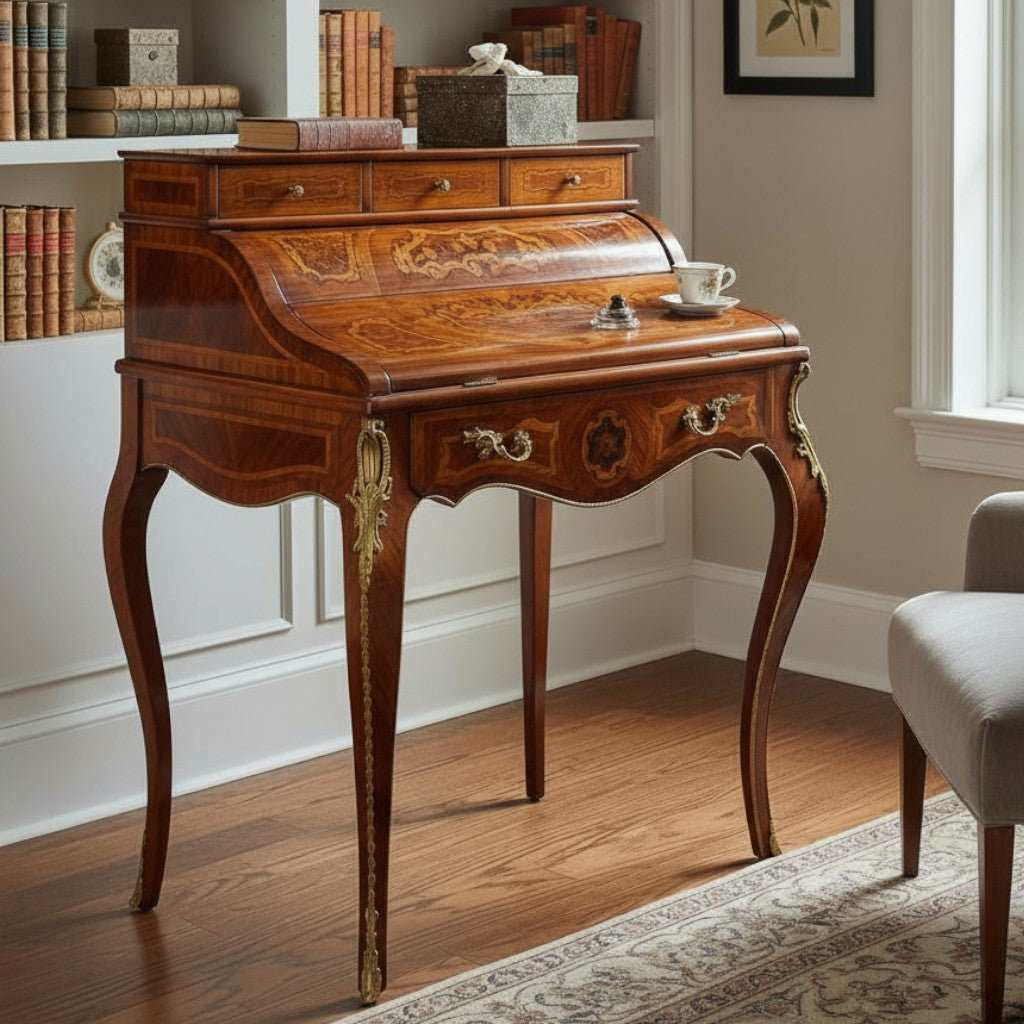 سكرتيرة كلاسيك بزخارف يدوية وتطعيم نحاس