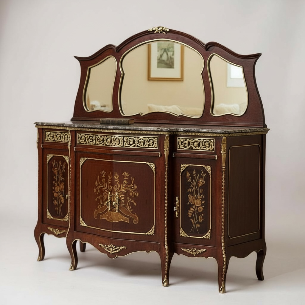 بوفيه بايوه فاخر بثلاثة أدراج وأربع ضلف ورخام إمبرادور غامق