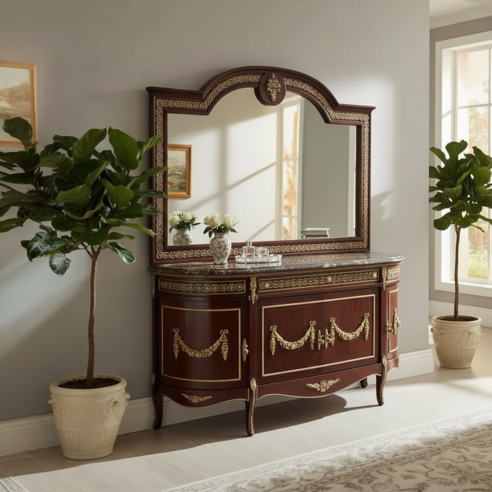 بوفيه بايوه فاخر بأربعة أدراج وأربع ضلف ورخام إمبرادور غامق