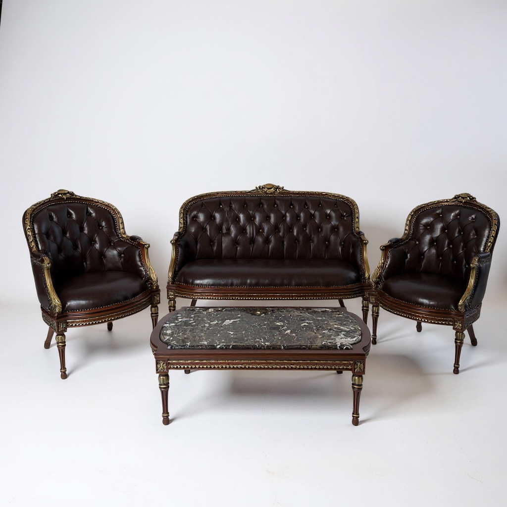 طقم مكتب كلاسيك "ميني صالون "بجلد إيطالي ورخام إمبرادور