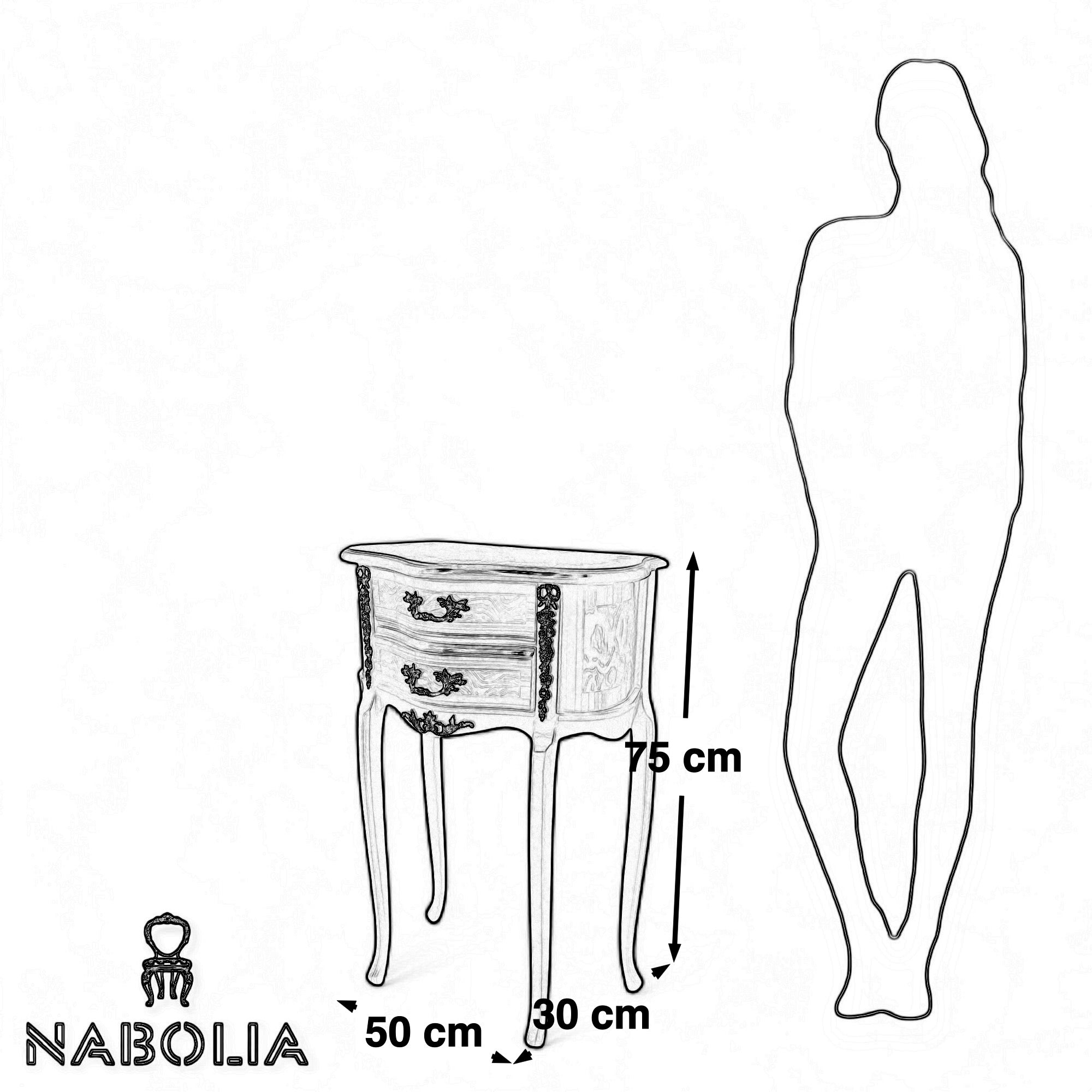 كومود فرنسي بتطعيم نحاس – 3 أدراج بتصميم كلاسيكي فاخر - قطعة كلاسيكية مميزة بطراز فرنسي أنيق، مصنوعة من خشب طبيعي مطعم بالنحاس اللامع مع قشرة فاخرة ولمسات زخرفية تضيف عمق وأناقة. الكومود مزود بثلاثة أدراج عملية، وتعلوه قرصة زجاجية تحمي السطح وتكمل الشكل الراقي. مثالي للاستخدام بجوار السرير أو في ركن أنيق داخل غرفة المعيشة أو حتى كمود مميز في مدخل البيت. الخامةخشب طبيعي – قشرة طبيعية – تطعيمات نحاس – قرصة زجاج المقاساتالعرض 50 سم × العمق 30 سم × الارتفاع 75 سم