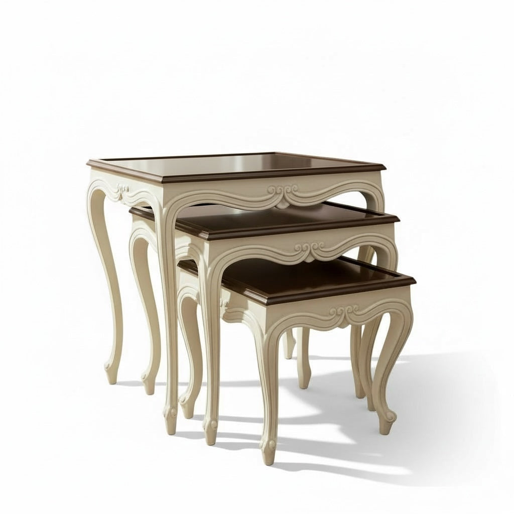 طقم ترابيزات متداخل اوف وايت في بني بزجاج فاميه – 3 قطع