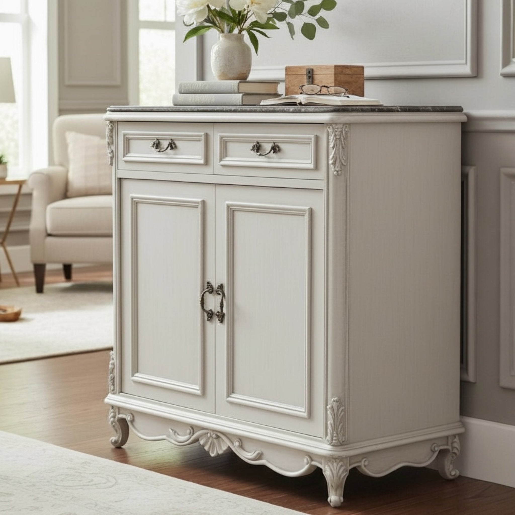 جزامة نيو كلاسيك فاخرة من الخشب الطبيعي مع أويما يدوي ورخام إمبرادور