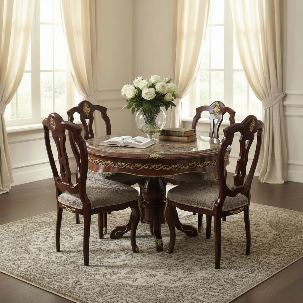 سفرة كلاسيك دائرية 4 كراسي تطعيم نحاس يدوي - Nabolia