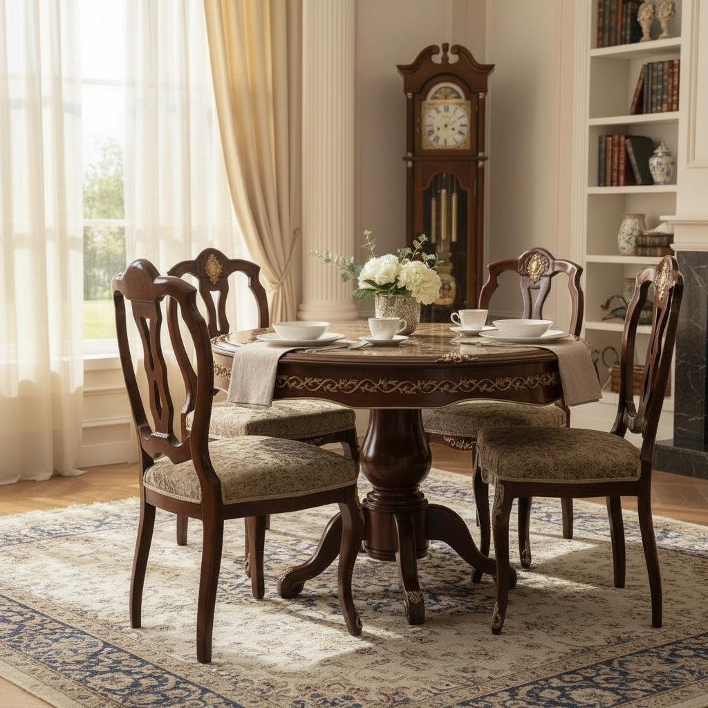 سفرة كلاسيك دائرية 4 كراسي تطعيم نحاس يدوي - Nabolia