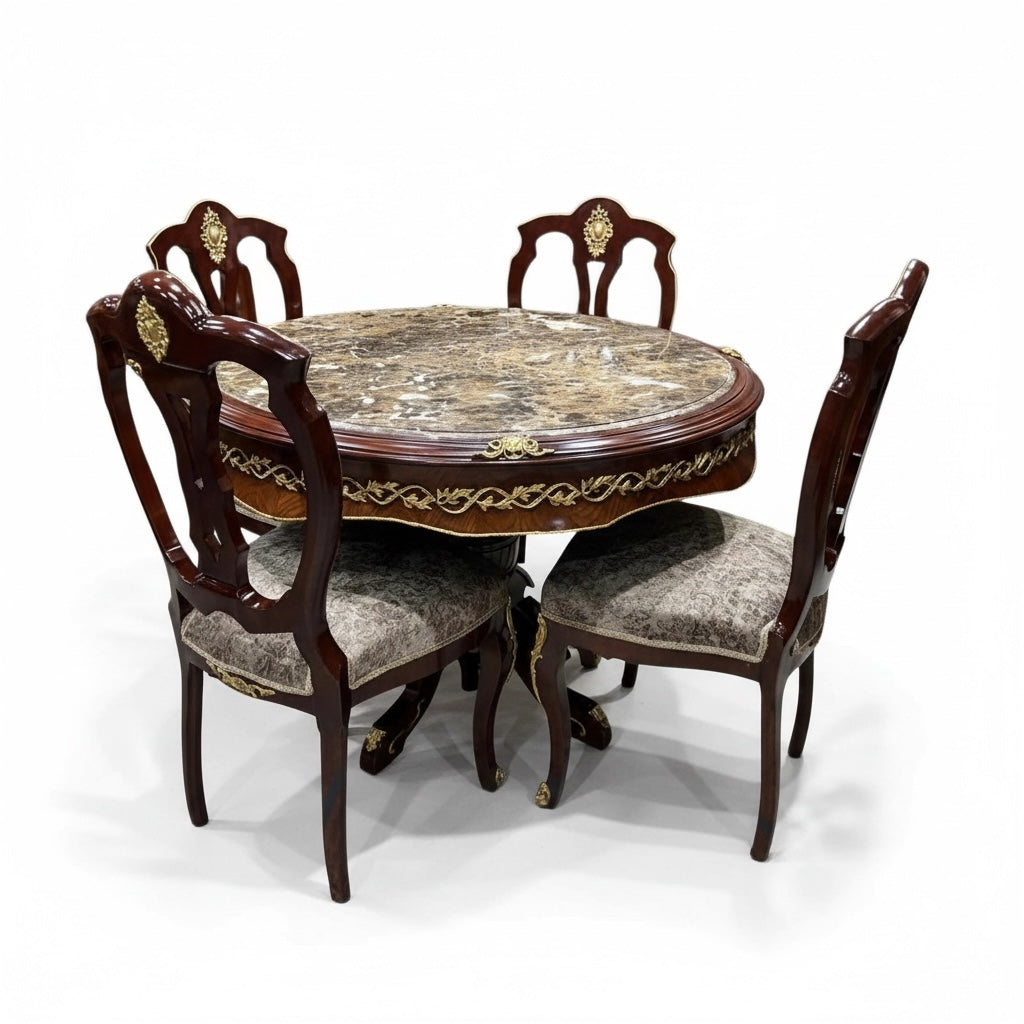 سفرة كلاسيك دائرية 4 كراسي تطعيم نحاس يدوي - Nabolia