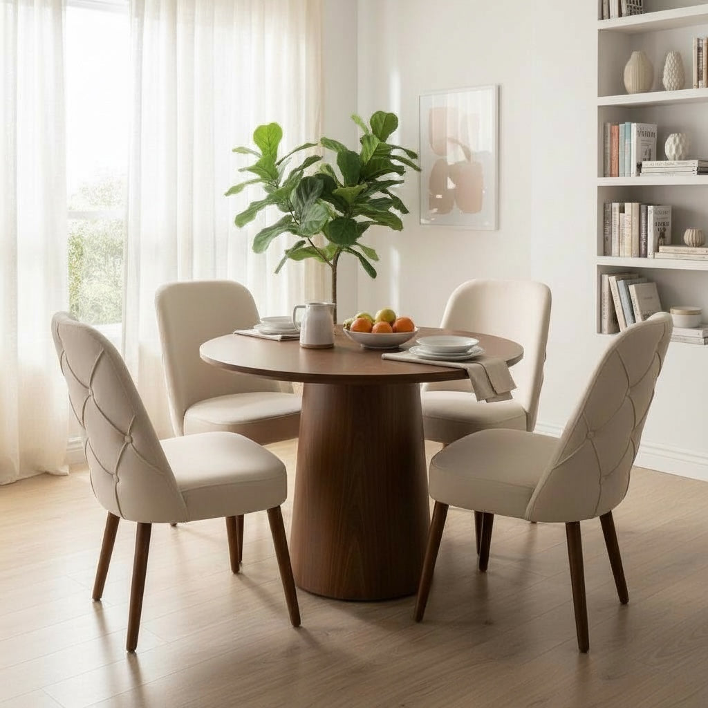 Modern round dining set with 4 chairs, wood and light upholstery