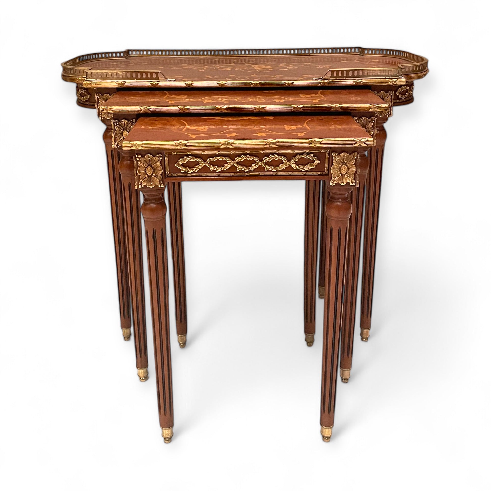 French table set - 3 pieces with marquetry and hand-engraved copper