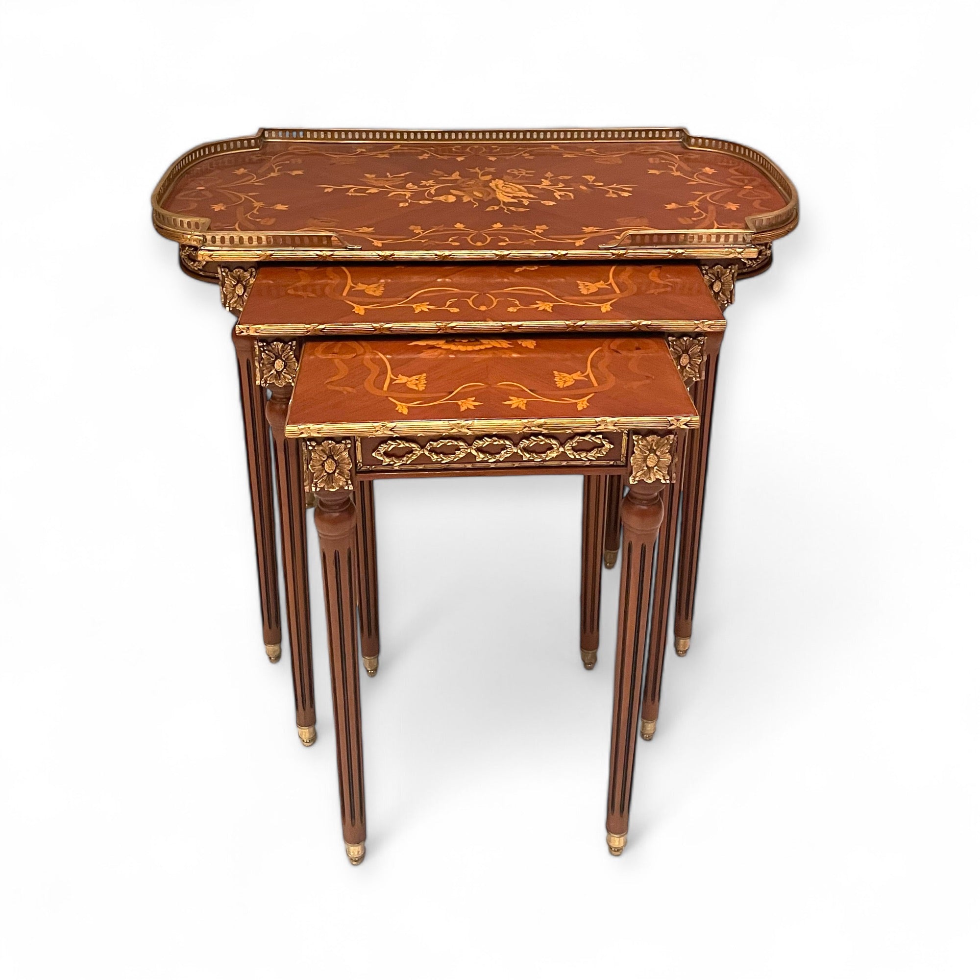 French table set - 3 pieces with marquetry and hand-engraved copper