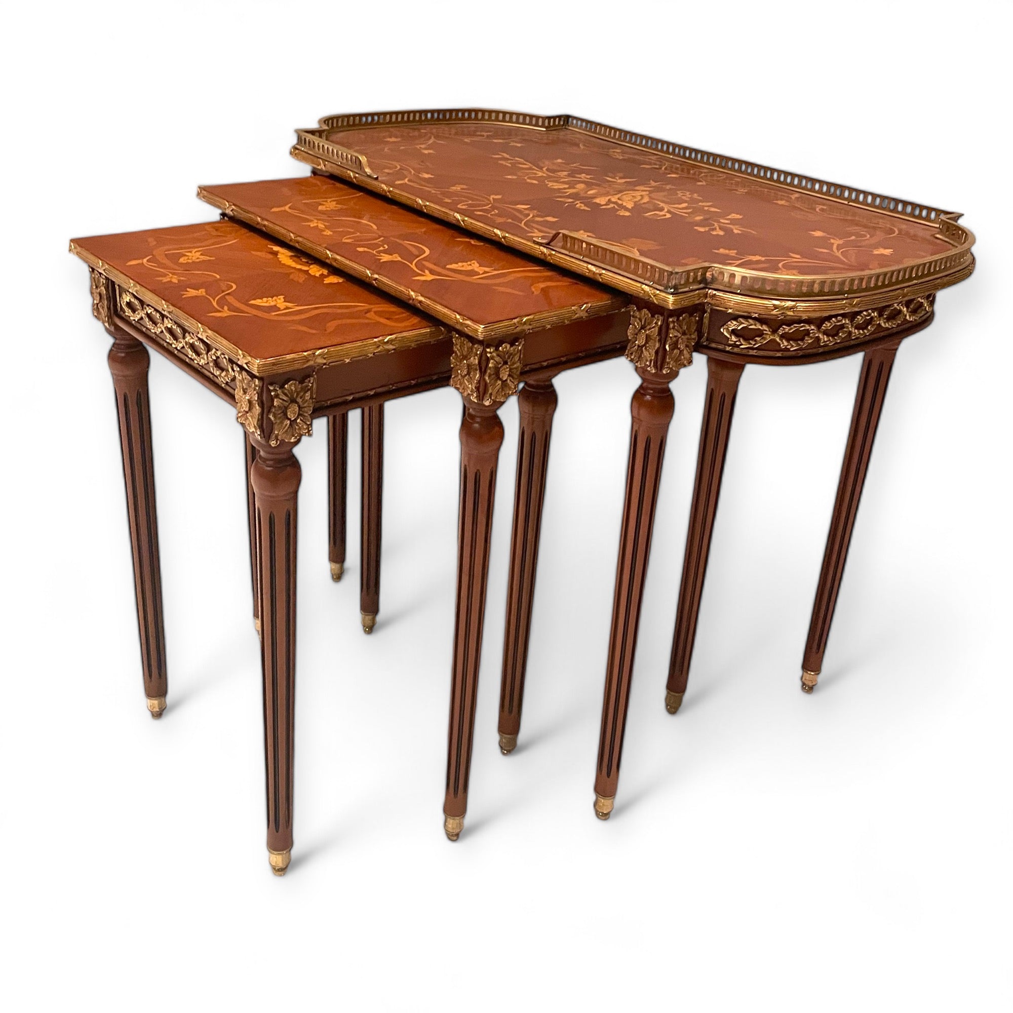 French table set - 3 pieces with marquetry and hand-engraved copper