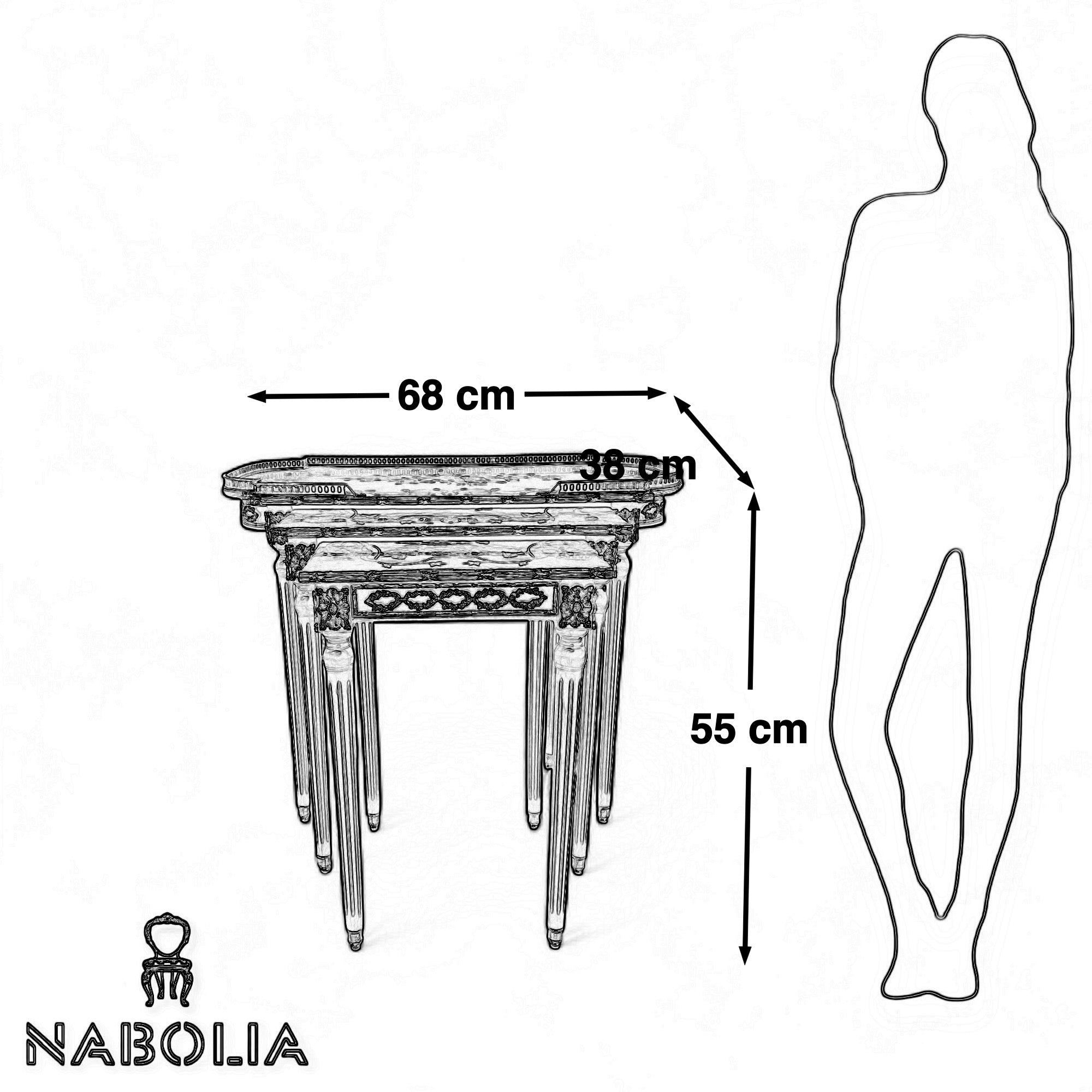 French table set - 3 pieces with marquetry and hand-engraved copper