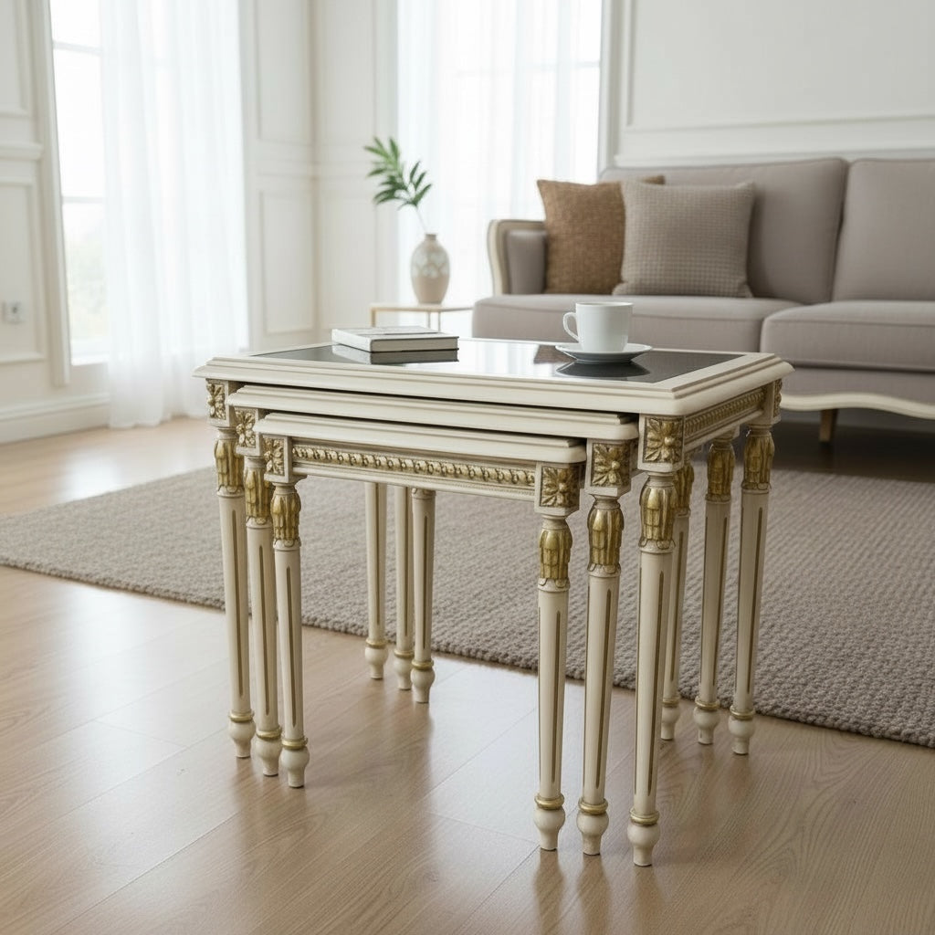 طقم تربيزات كلاسيك بسطح زجاج