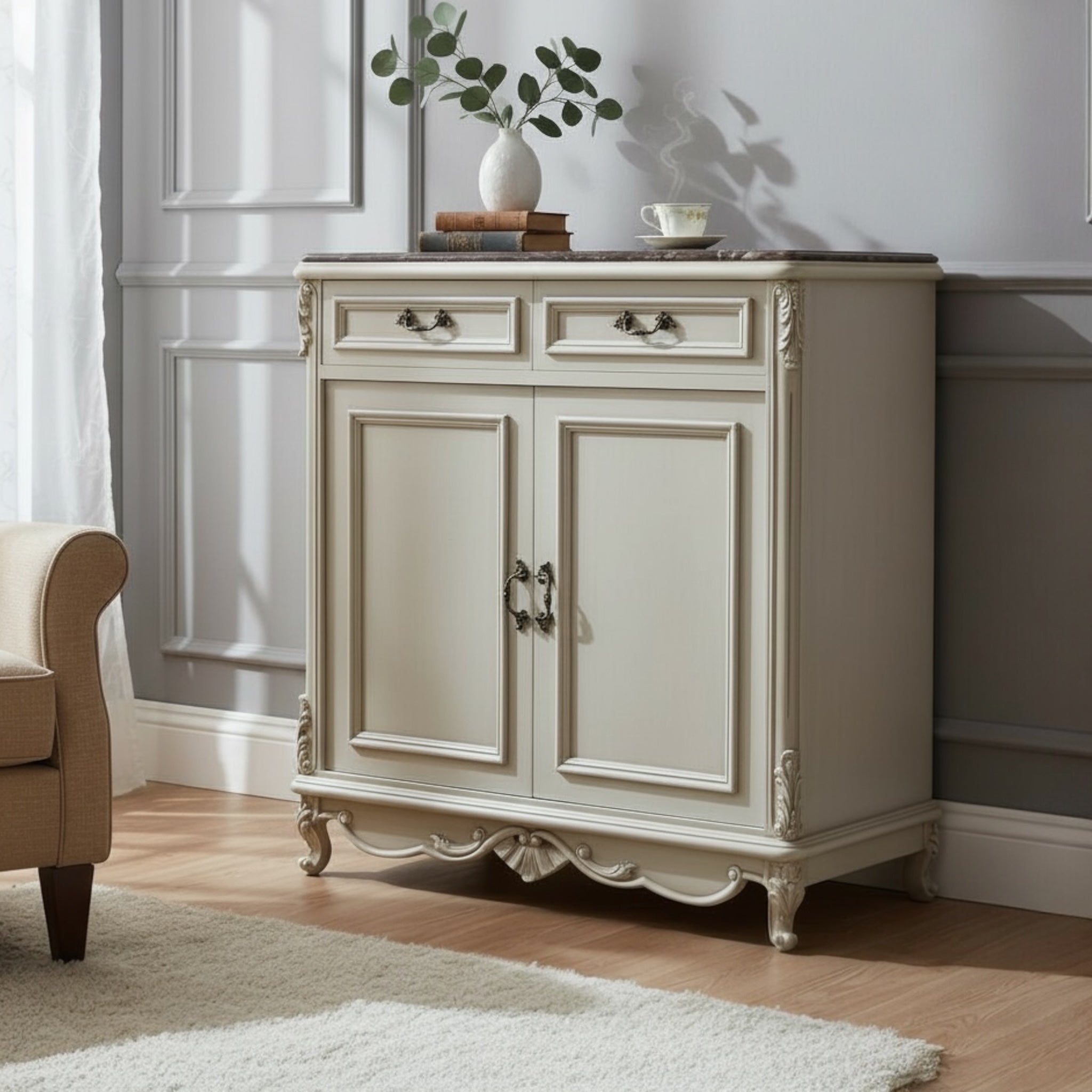 جزامة نيو كلاسيك فاخرة من الخشب الطبيعي مع أويما يدوي ورخام إمبرادور