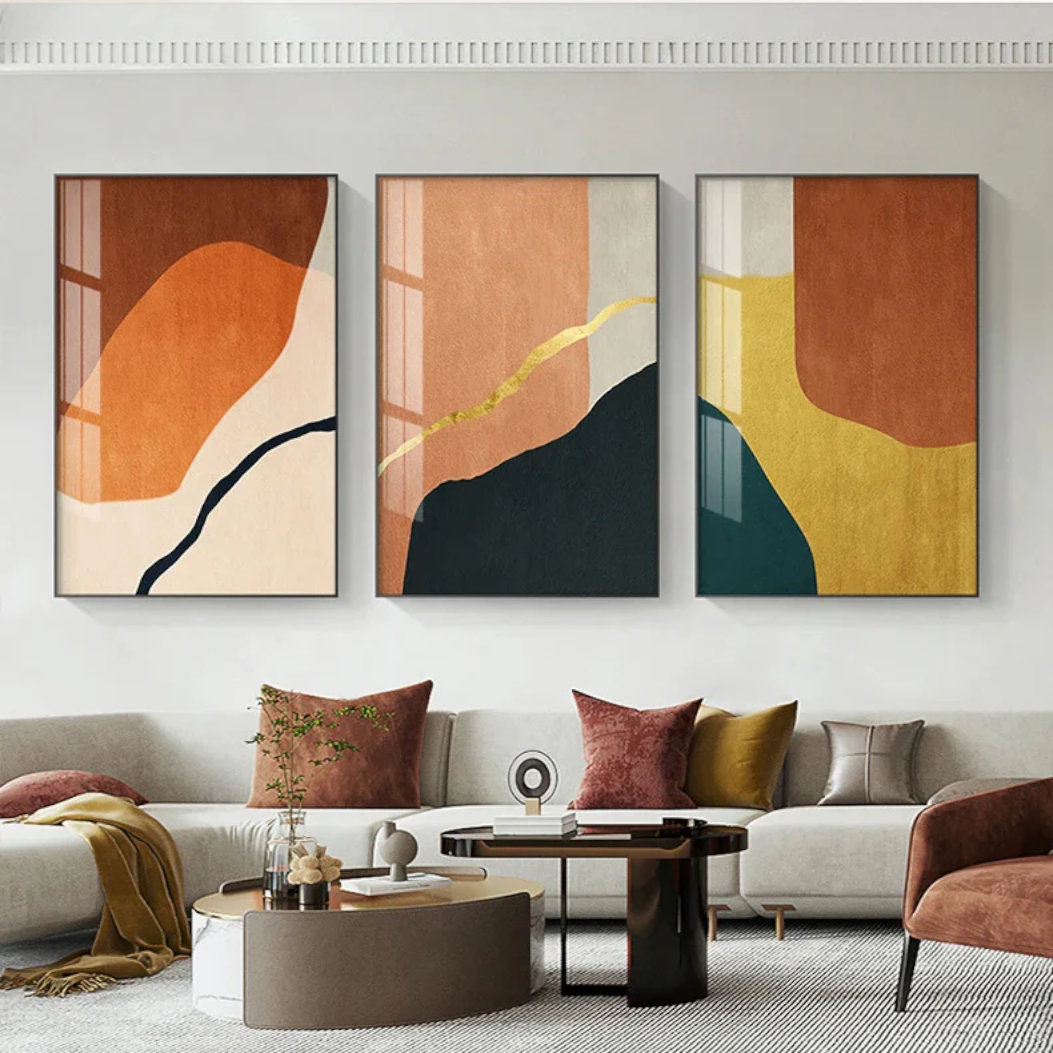 تابلوه تلات قطع الوان متداخلة باشكال هندسية - تابلوه 3 قطع مستطيلةمقاس 60×120عبارة عن 3 قطع مقاس كل قطعة 60×40اومقاس 70×150عبارة عن 3 قطع مقاس كل قطعة 70×50اومقاس 80×180عبارة عن 3 قطع مقاس كل قطعة 80×60 خشب ام دى اف 5 ملطباعة فينيل عالية الجودةطبقة حماية من المياه والأتربةفتحات سحرية لسهولة التعليق