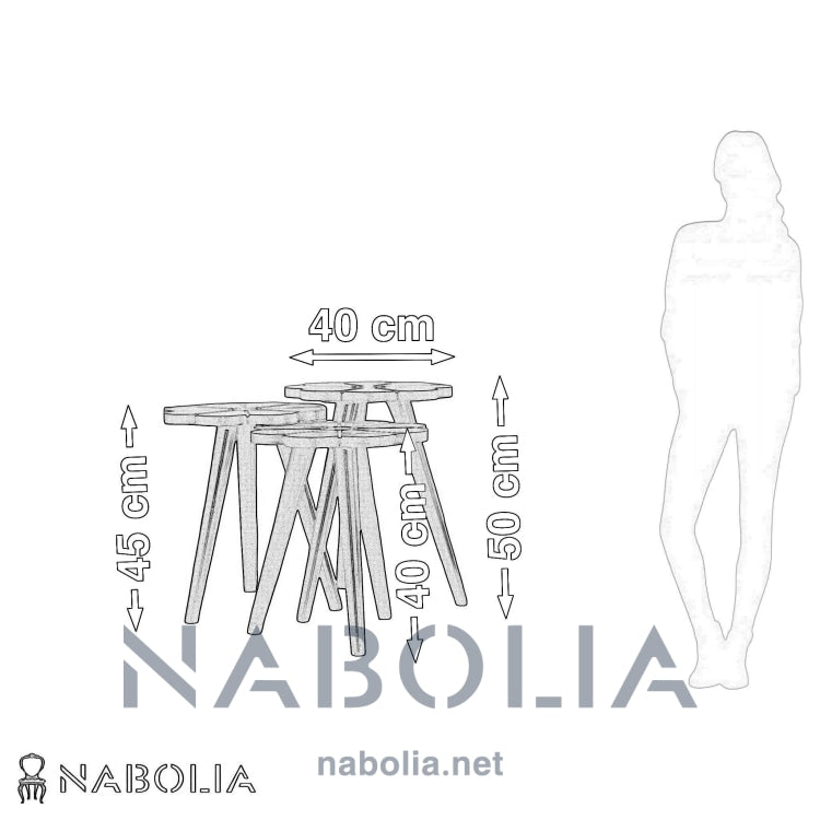 طقم ترابيزات ثلاثي روزا - طقم ترابيزات ثلاثي متداخل يتميز بتصميم عصري وجميل على شكل زهرة بألوان مختلفة. الطقم مصنوع من الخشب الزان الطبيعي للأرجل، بينما القرصة مصنوعة من MDF مما يضمن الاستدامة والمتانة. يمكن ترتيب الترابيزات بشكل متداخل لتوفير المساحة عند عدم الاستخدام أو استخدامها بشكل منفصل لتوفير سطح عمل إضافي. يُعد هذا الطقم إضافة رائعة للديكور العصري سواء في غرفة المعيشة أو المكتب الخامة الأرجل خشب الزان الطبيعي، القرصة MDF المقاسات العرض: 40 سم الارتفاع: 50 سم