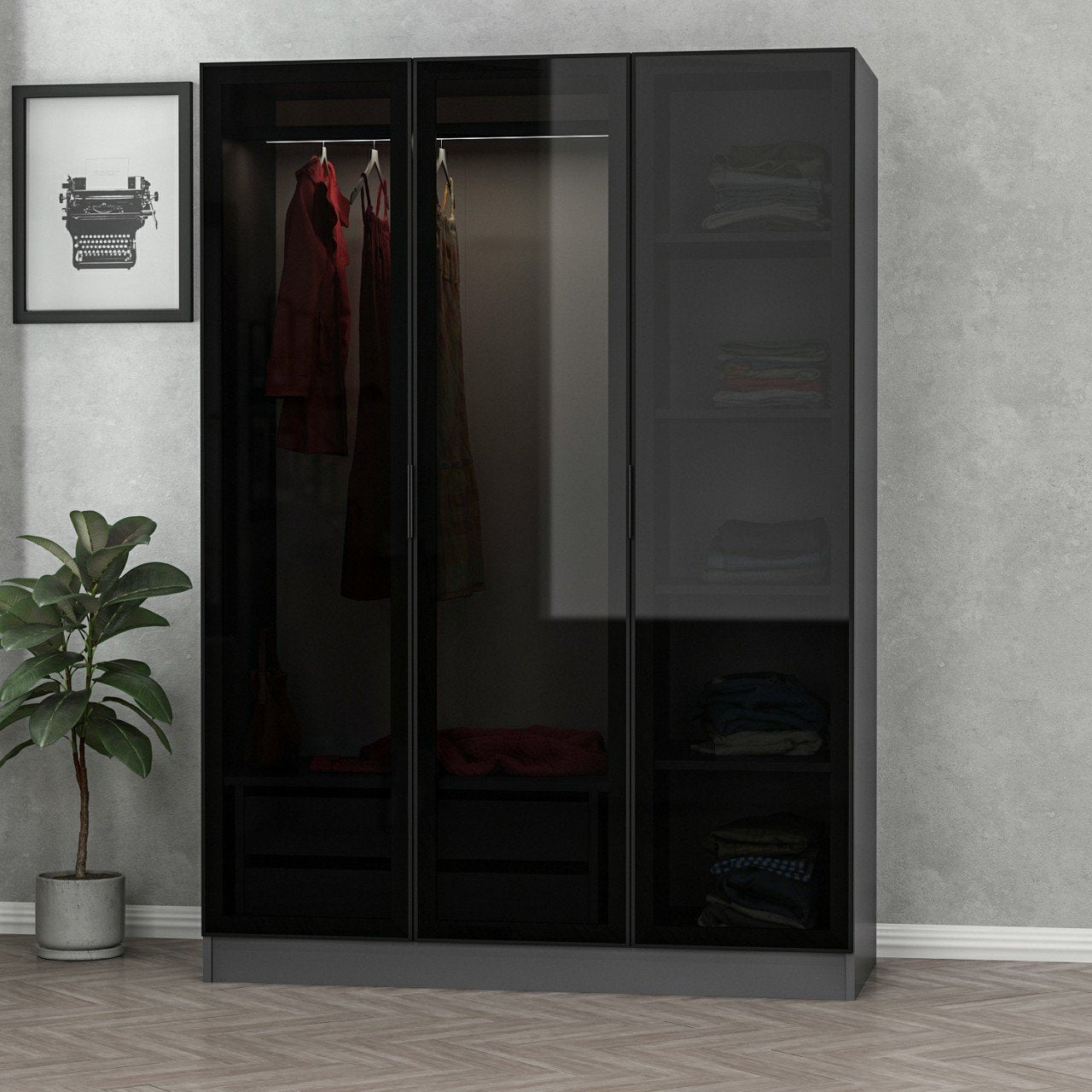 دولاب 3 ضلفة أسود × رمادي بأبواب زجاج ودرجين داخليين - دولاب أنيق بتصميم عصري مختلف أبوابه من الزجاج الغامق الشفاف اللي بيضيف فخامة وبيخلي شكل اللبس منظم ومرتب حتى وهو متخزن بيحتوي على رفوف جانبية ودرجين داخليين مع مساحة واسعة لتعليق الملابس مناسب للمساحات اللي بتدور على شكل راقي واستخدام عملي في نفس الوقت الخامةمتاح بخامة كونتر أو MDF حسب اختيارك المقاساتالعرض 135 سمالارتفاع 210 سمالعمق 52 سم