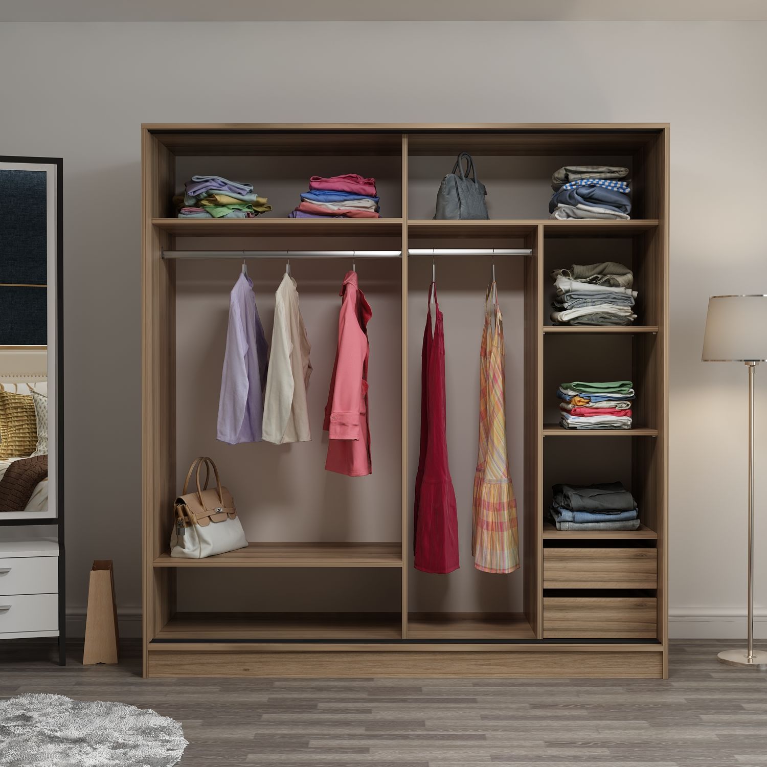 دولاب جرار بأبواب زجاج فاميه وإطار خشبي بلون طبيعي - دولاب جرار بتصميم راقي يجمع بين الفخامة والعملية الأبواب الزجاج الفاميه بتخفي المحتويات وتدي شكل شيك وفي نفس الوقت بتعكس الإضاءة بشكل ناعم الإطار الخشبي الطبيعي بيكمل الستايل الدافي للمكان المساحة الداخلية واسعة ومنظمة فيها رفوف متعددة ودرجين داخليين ومساحات لتعليق الملابس بشكل عملي الخامةمتاح بخامة كونتر أو MDF حسب اختيارك المقاساتالعرض 180 سمالارتفاع 210 سمالعمق 60 سم