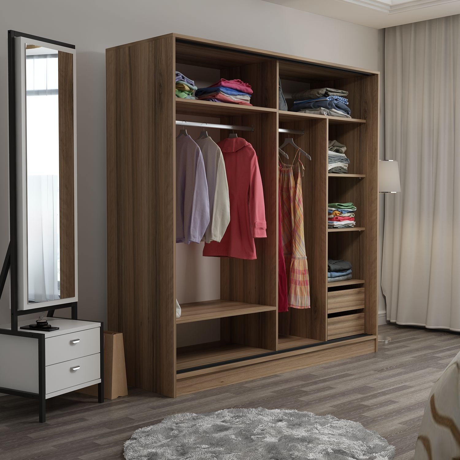 دولاب جرار بأبواب زجاج فاميه وإطار خشبي بلون طبيعي - دولاب جرار بتصميم راقي يجمع بين الفخامة والعملية الأبواب الزجاج الفاميه بتخفي المحتويات وتدي شكل شيك وفي نفس الوقت بتعكس الإضاءة بشكل ناعم الإطار الخشبي الطبيعي بيكمل الستايل الدافي للمكان المساحة الداخلية واسعة ومنظمة فيها رفوف متعددة ودرجين داخليين ومساحات لتعليق الملابس بشكل عملي الخامةمتاح بخامة كونتر أو MDF حسب اختيارك المقاساتالعرض 180 سمالارتفاع 210 سمالعمق 60 سم
