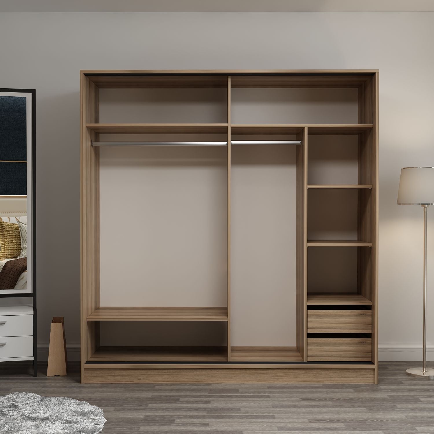 دولاب جرار بأبواب زجاج فاميه وإطار خشبي بلون طبيعي - دولاب جرار بتصميم راقي يجمع بين الفخامة والعملية الأبواب الزجاج الفاميه بتخفي المحتويات وتدي شكل شيك وفي نفس الوقت بتعكس الإضاءة بشكل ناعم الإطار الخشبي الطبيعي بيكمل الستايل الدافي للمكان المساحة الداخلية واسعة ومنظمة فيها رفوف متعددة ودرجين داخليين ومساحات لتعليق الملابس بشكل عملي الخامةمتاح بخامة كونتر أو MDF حسب اختيارك المقاساتالعرض 180 سمالارتفاع 210 سمالعمق 60 سم