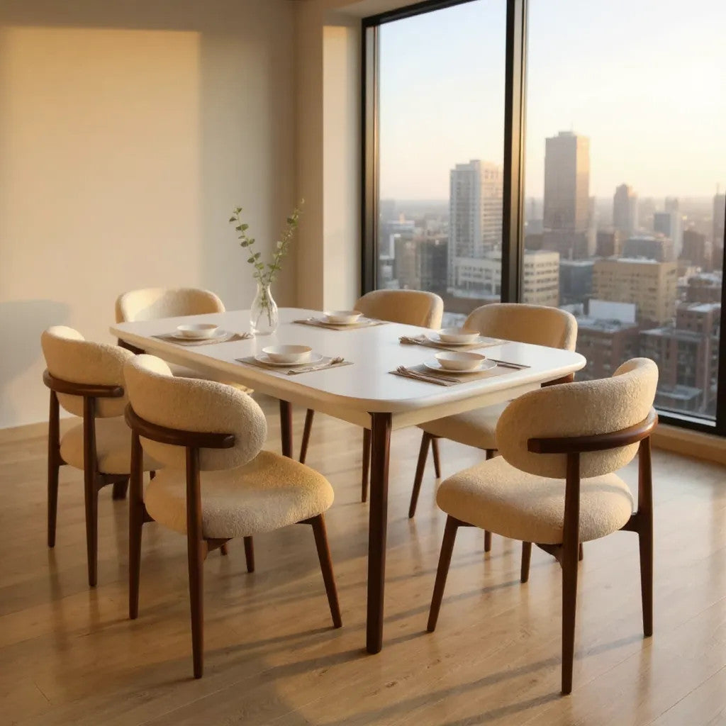 White and brown dining table with six chairs