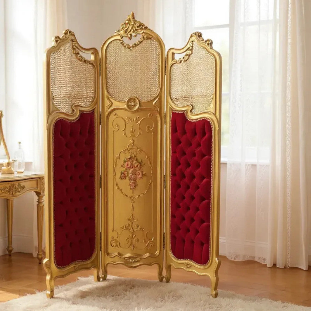 French paravan with velvet and natural cane upholstery