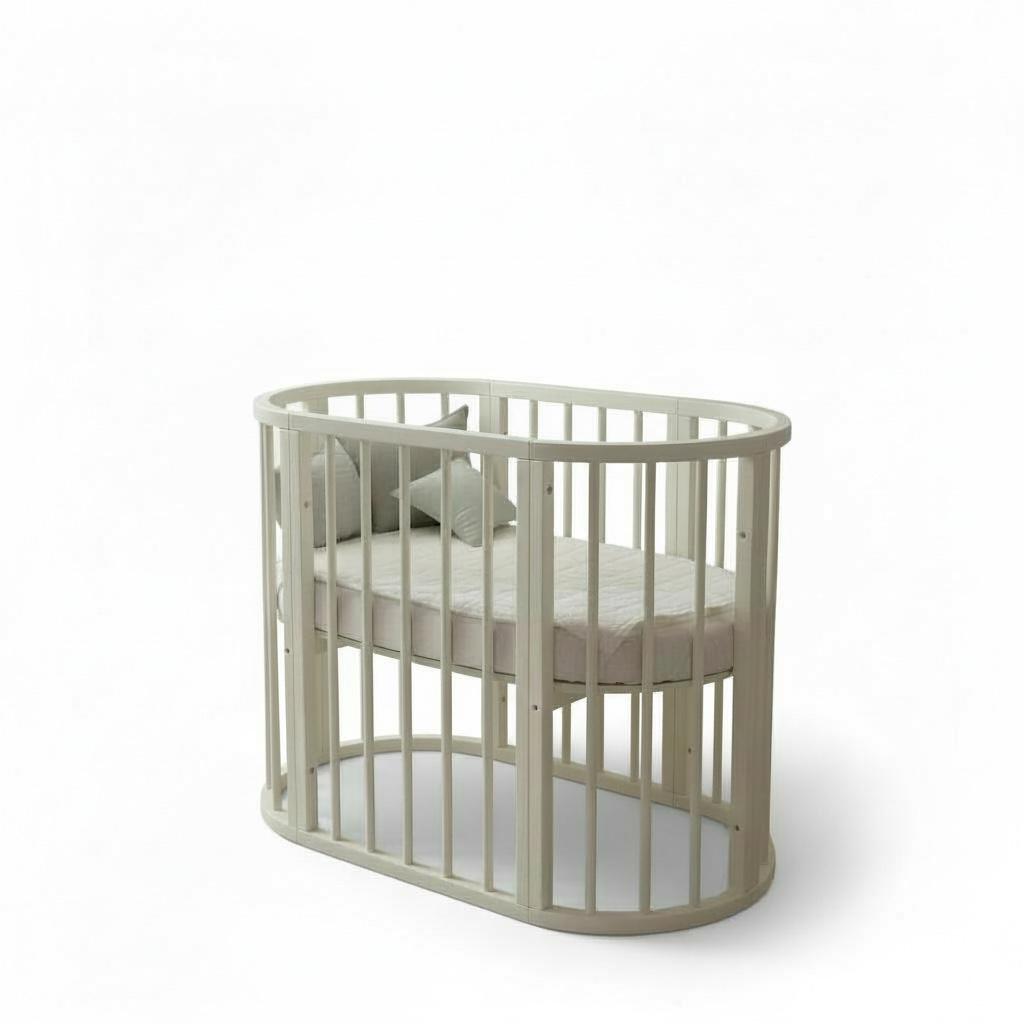 سرير أطفال بيضاوي خشبي بتصميم ناعم وآمن