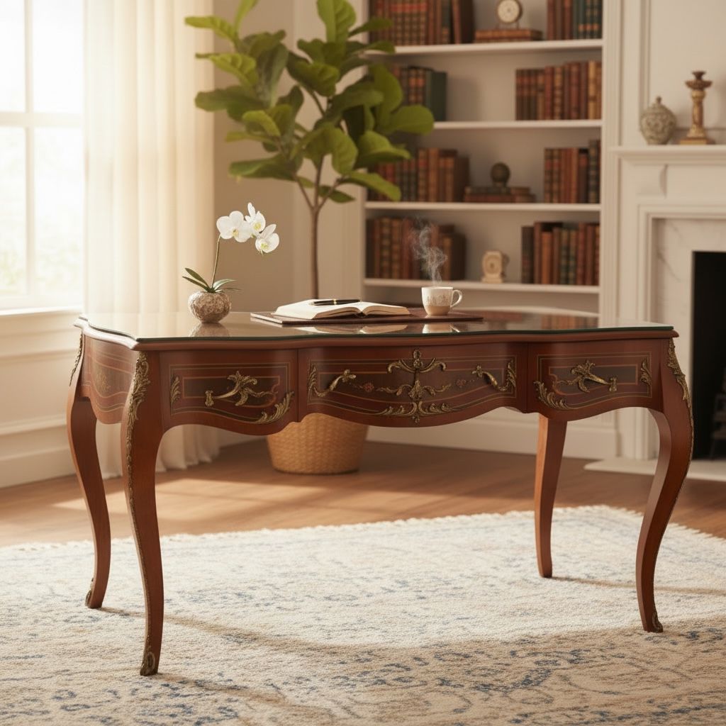 مكتب استر خشب زان بني فاتح بتطعيم نحاس وتصميم كلاسيكي فاخر