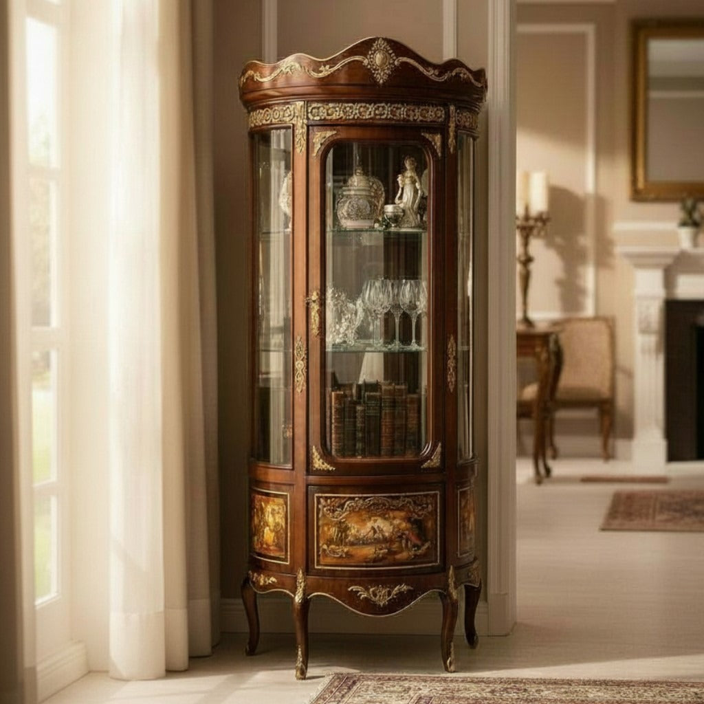 فاترينة أنتيك فاخرة مطعمة بالنحاس ومزخرفة بالرسم اليدوي