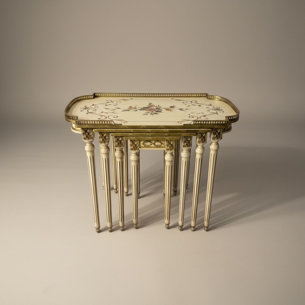 طقم ترابيزات رباعي طراز فرنسي أنتيك باللون الاوف وايت بتطعيمات نحاس